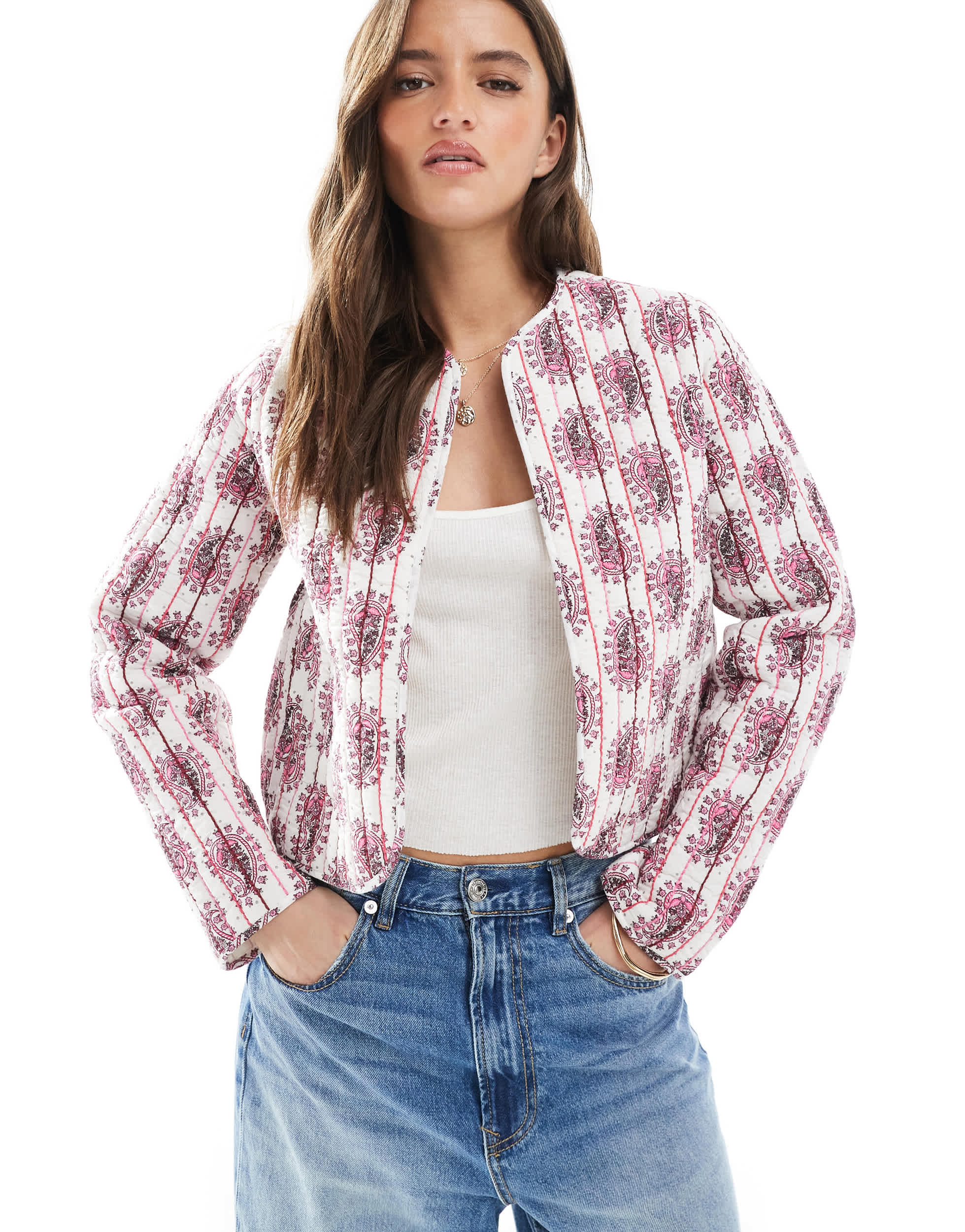 Threadbare quilted cotton jacket with paisley print in pink and white