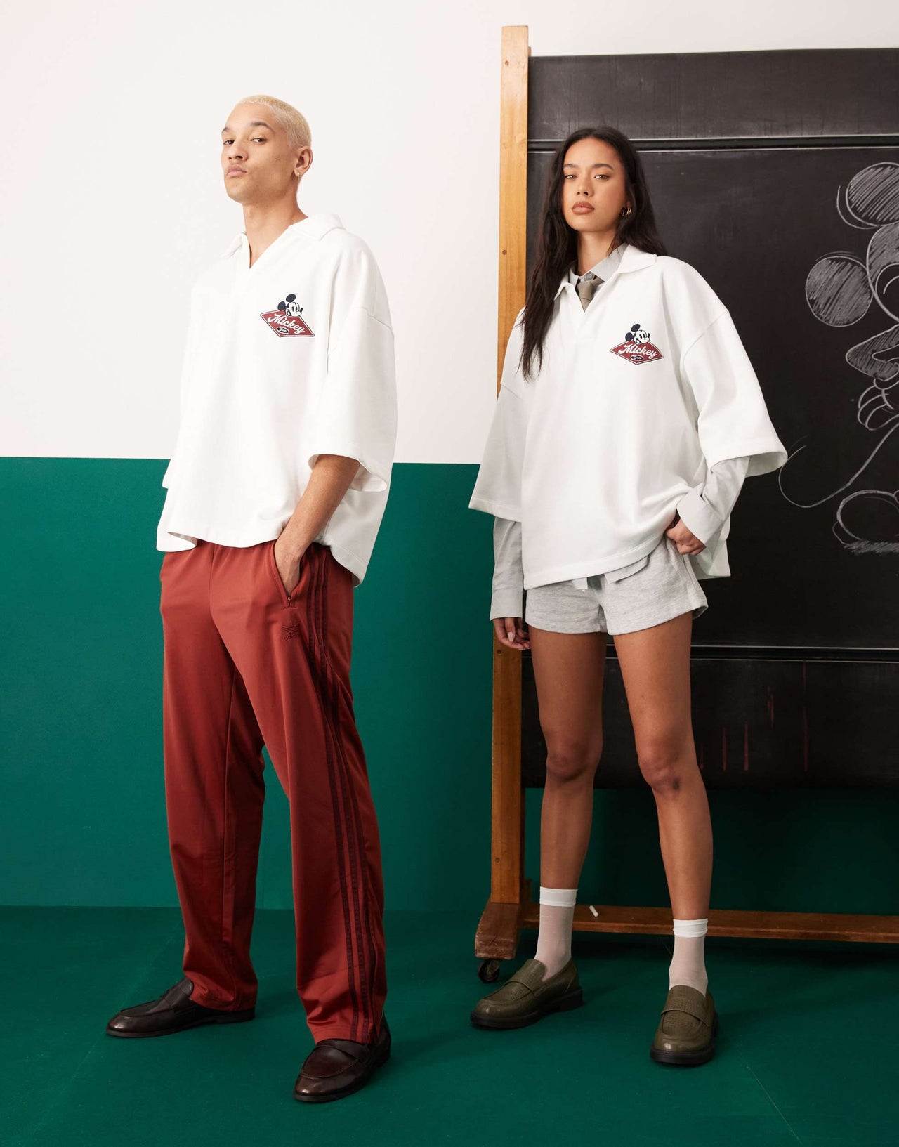 ASOS DESIGN Disney unisex oversized polo with embroidered Mickey Mouse print in off white