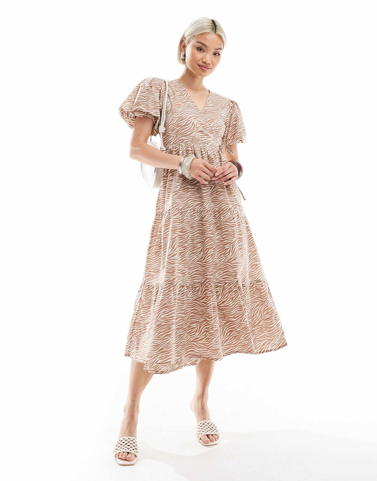 Wednesday's Girl puff sleeve tiered midi wrap dress in brown zebra print