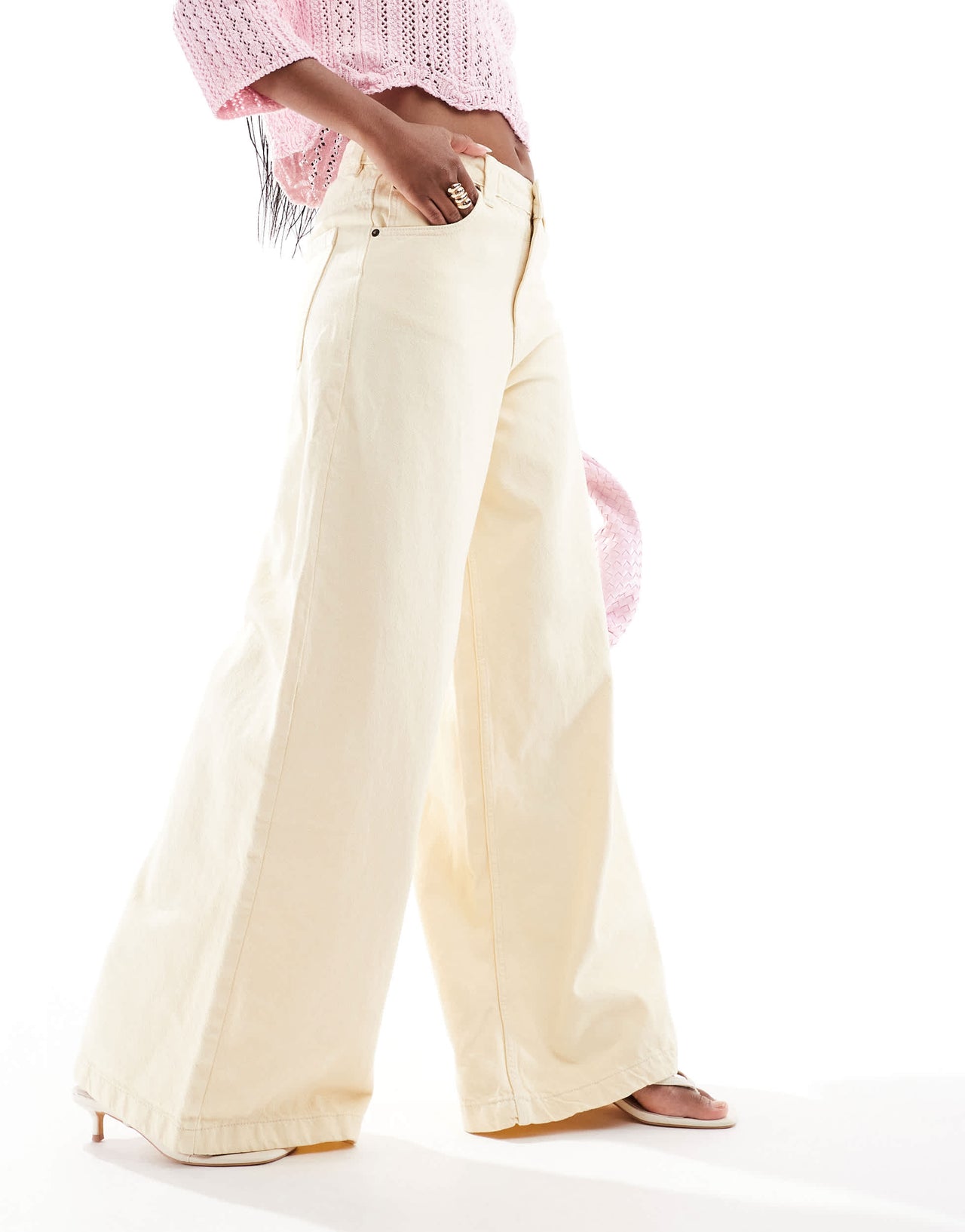 Bershka wide leg cotton trouser in butter yellow