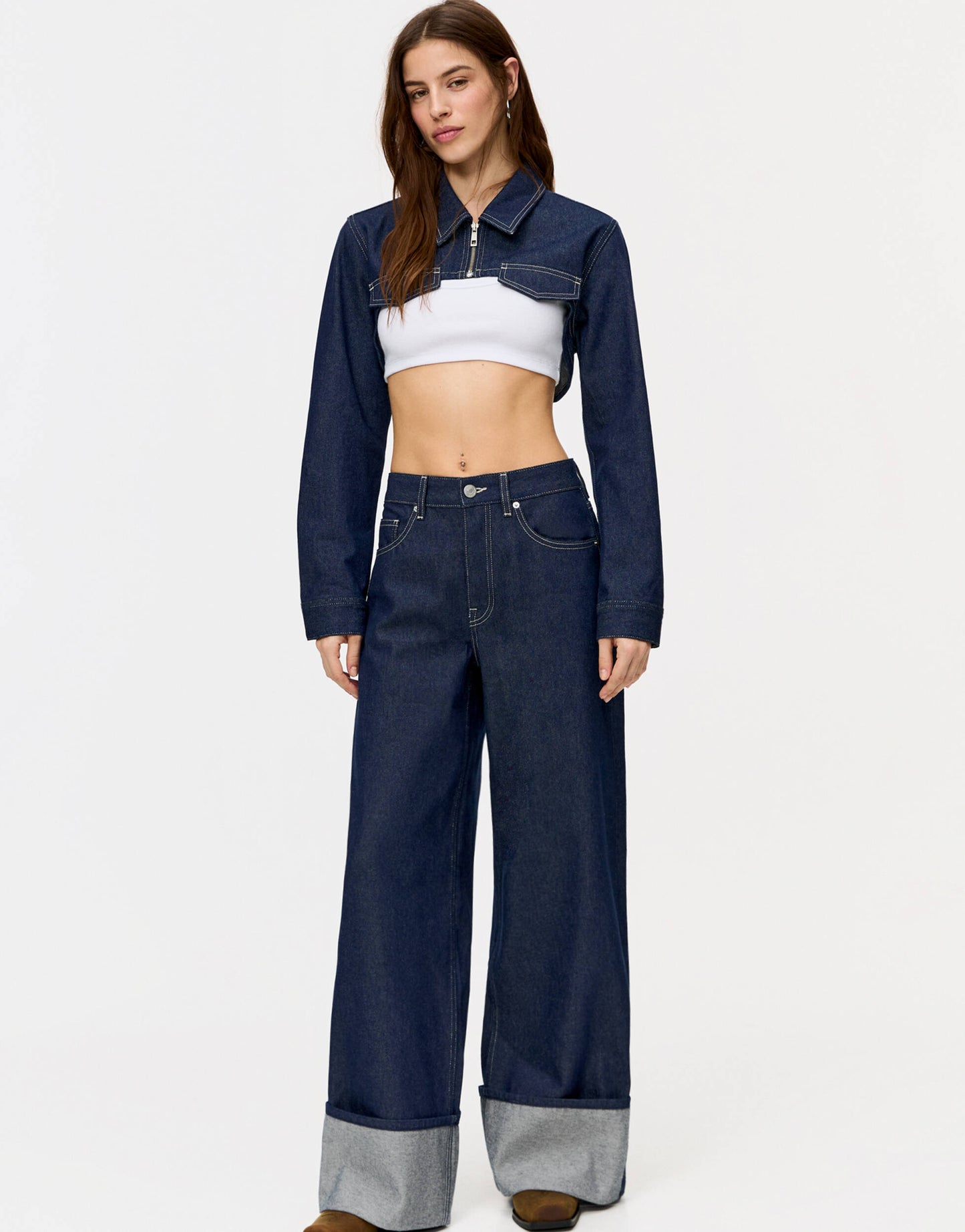 Pull&Bear super wide leg turn up hem jean in blue