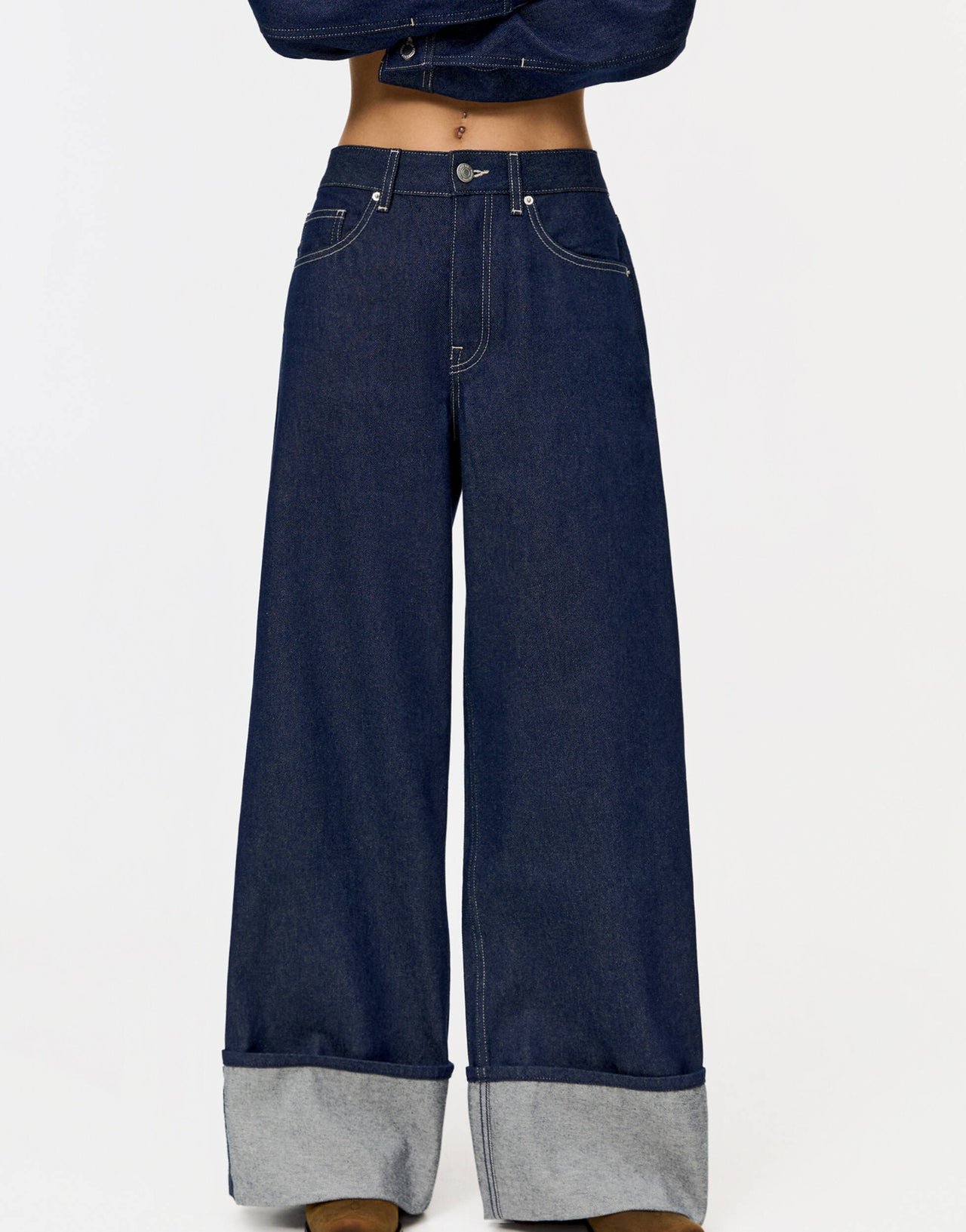 Pull&Bear super wide leg turn up hem jean in blue
