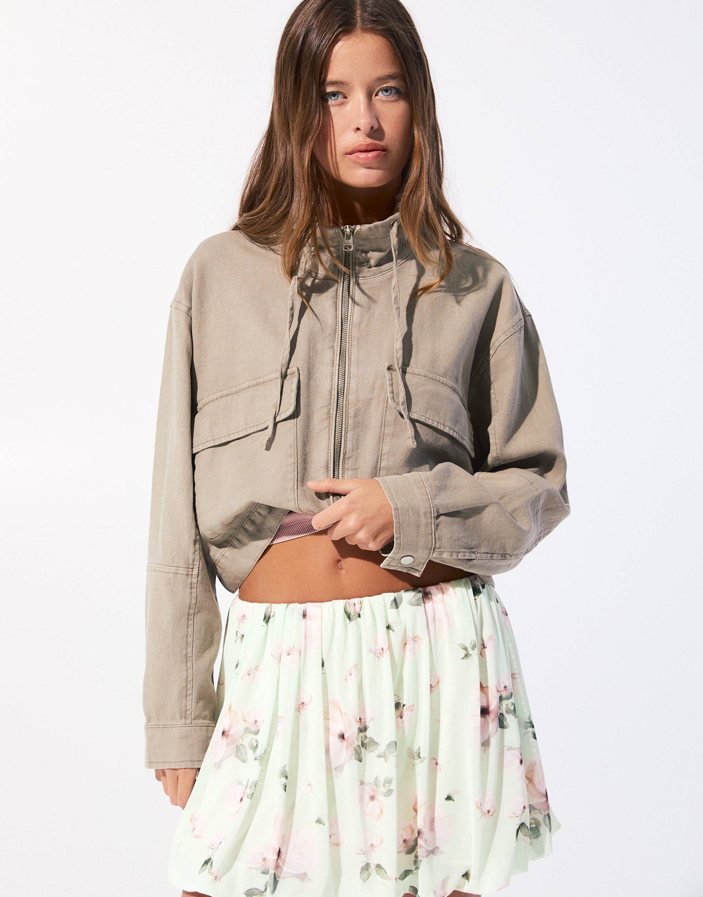 Pull&Bear floral mesh balloon mini skirt in mint