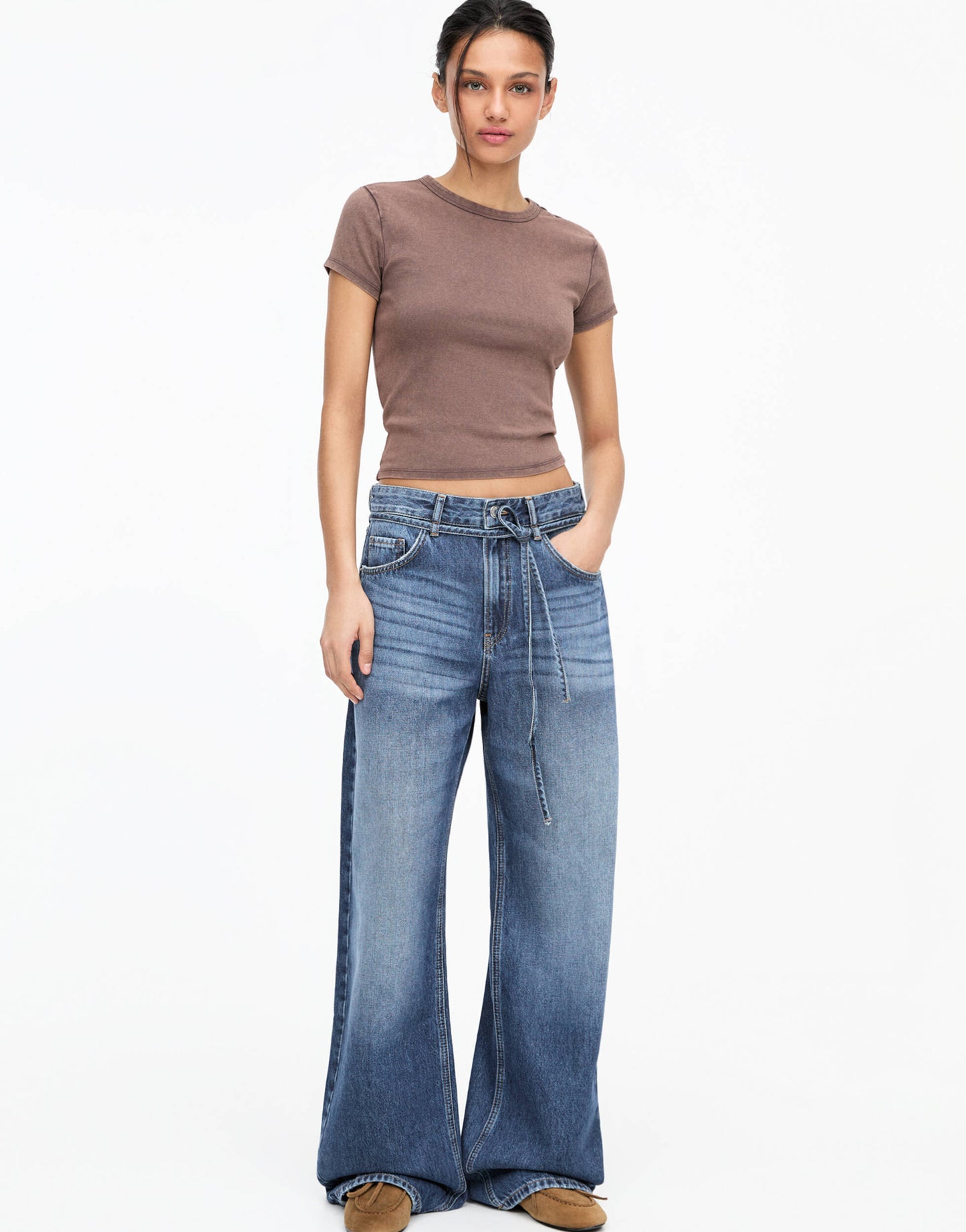 Pull&Bear drawstring waist baggy jeans in blue