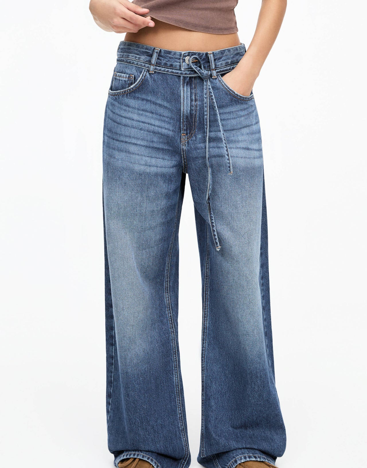 Pull&Bear drawstring waist baggy jeans in blue