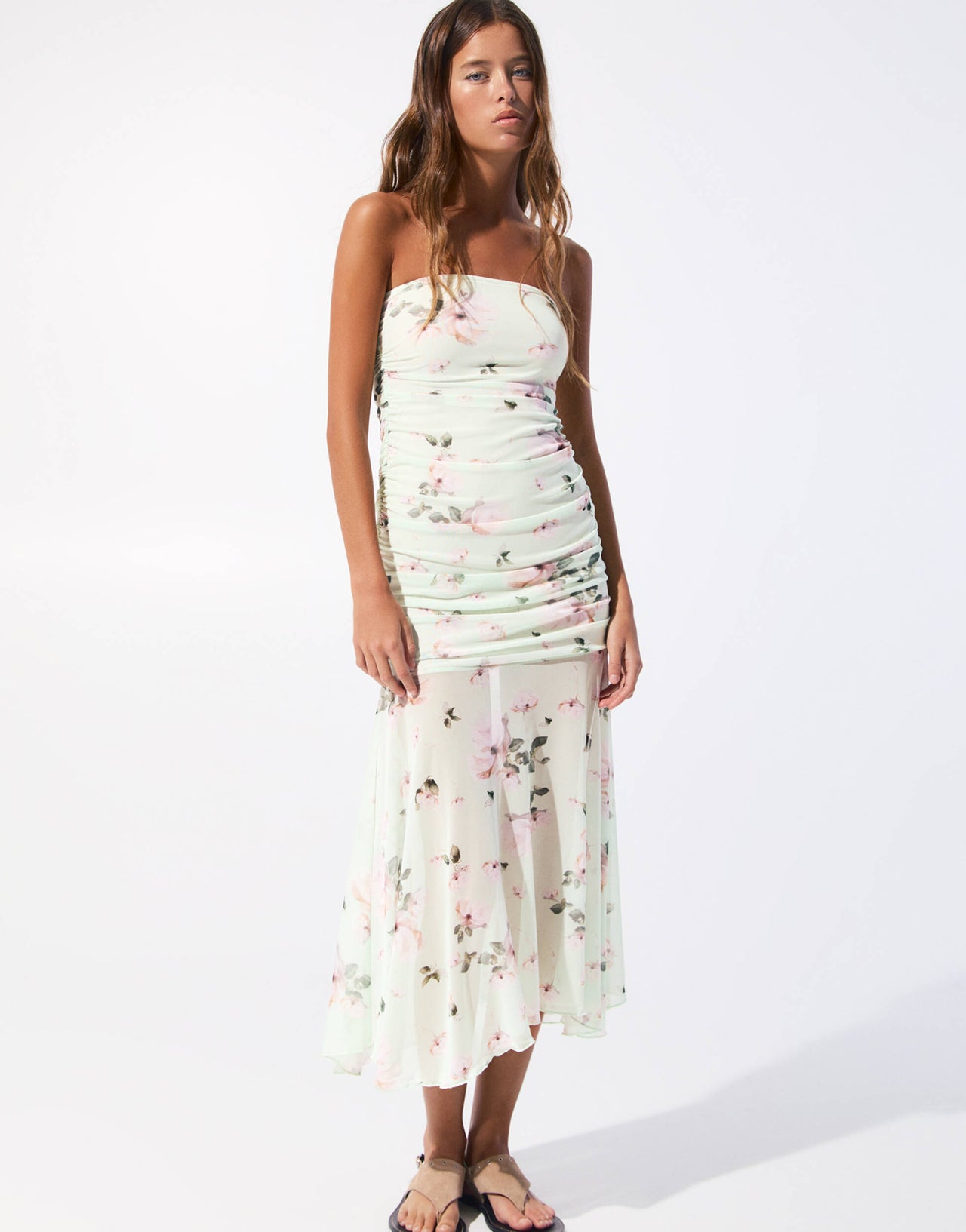 Pull&Bear floral mesh bandeau dress in mint
