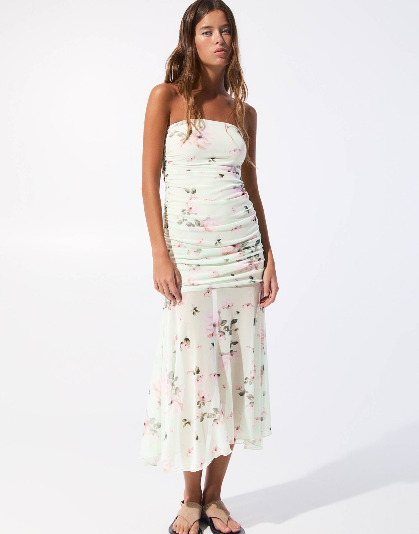 Pull&Bear floral mesh bandeau dress in mint