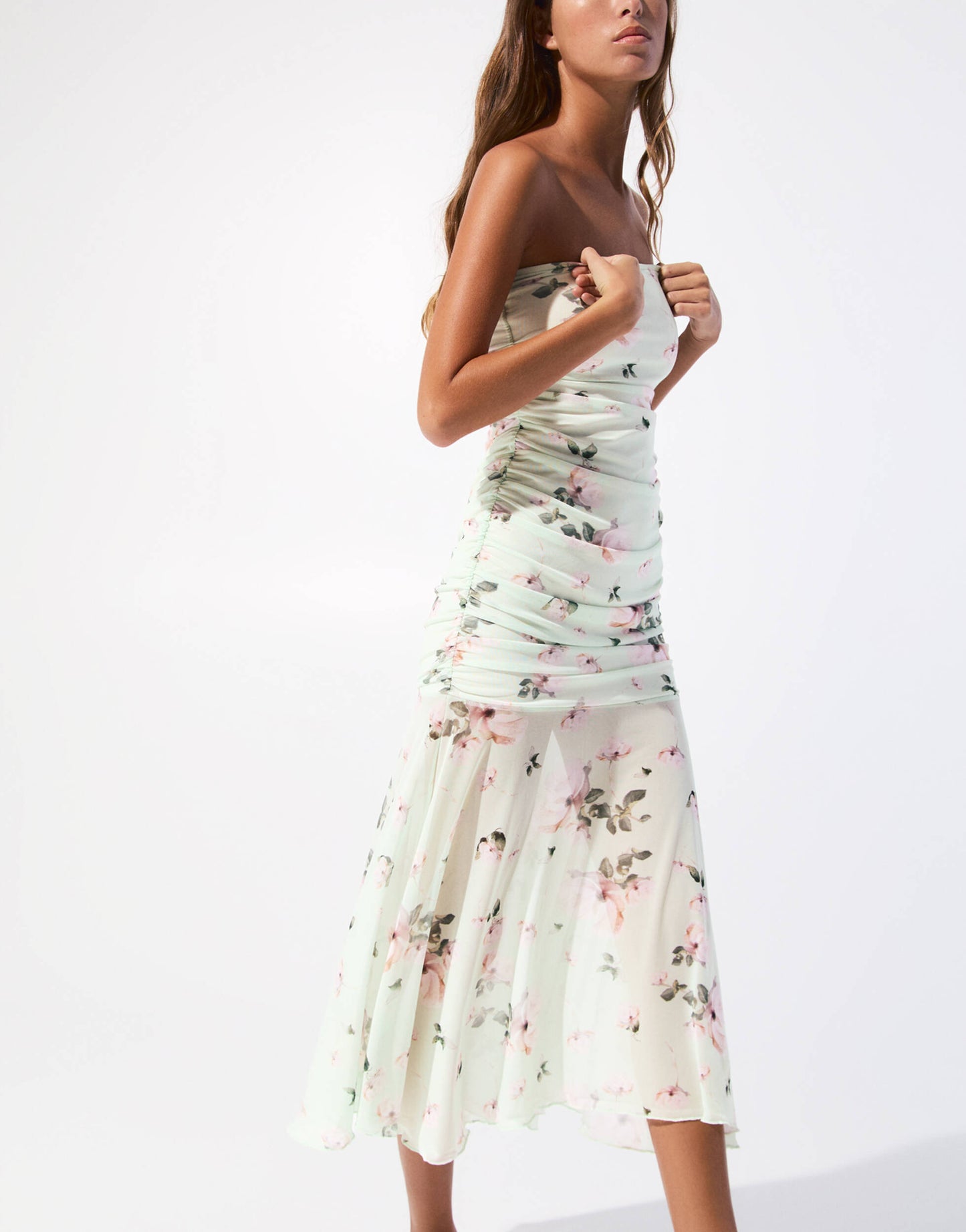 Pull&Bear floral mesh bandeau dress in mint