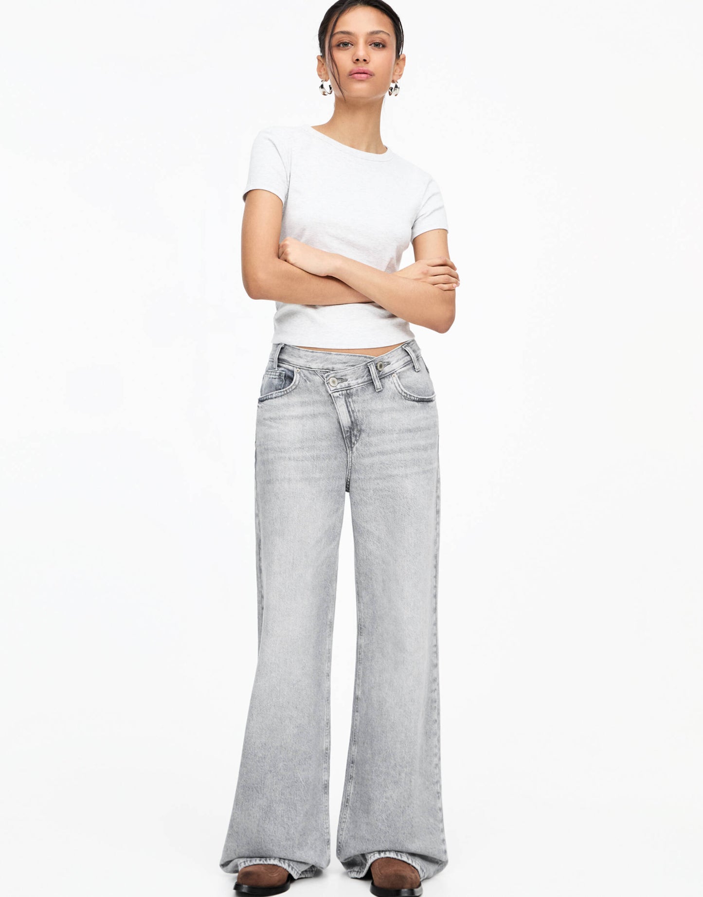 Pull&Bear crossover waist mid rise wide leg jean in grey