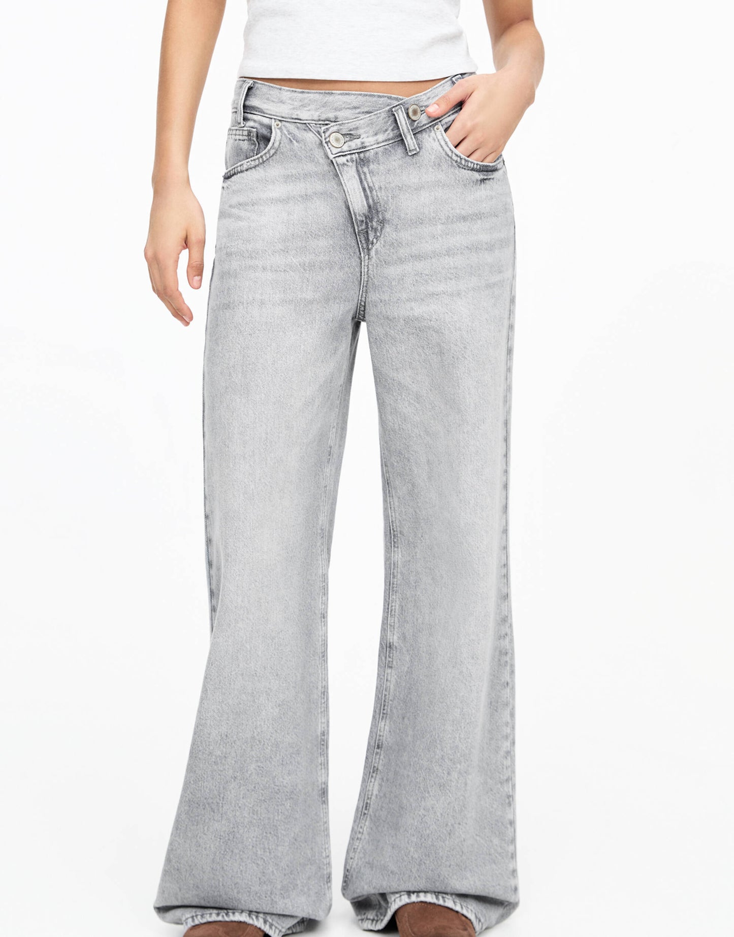 Pull&Bear crossover waist mid rise wide leg jean in grey