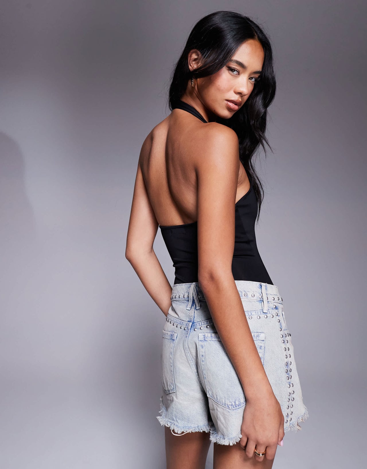 Good American sculpting halter v neck bodysuit in black