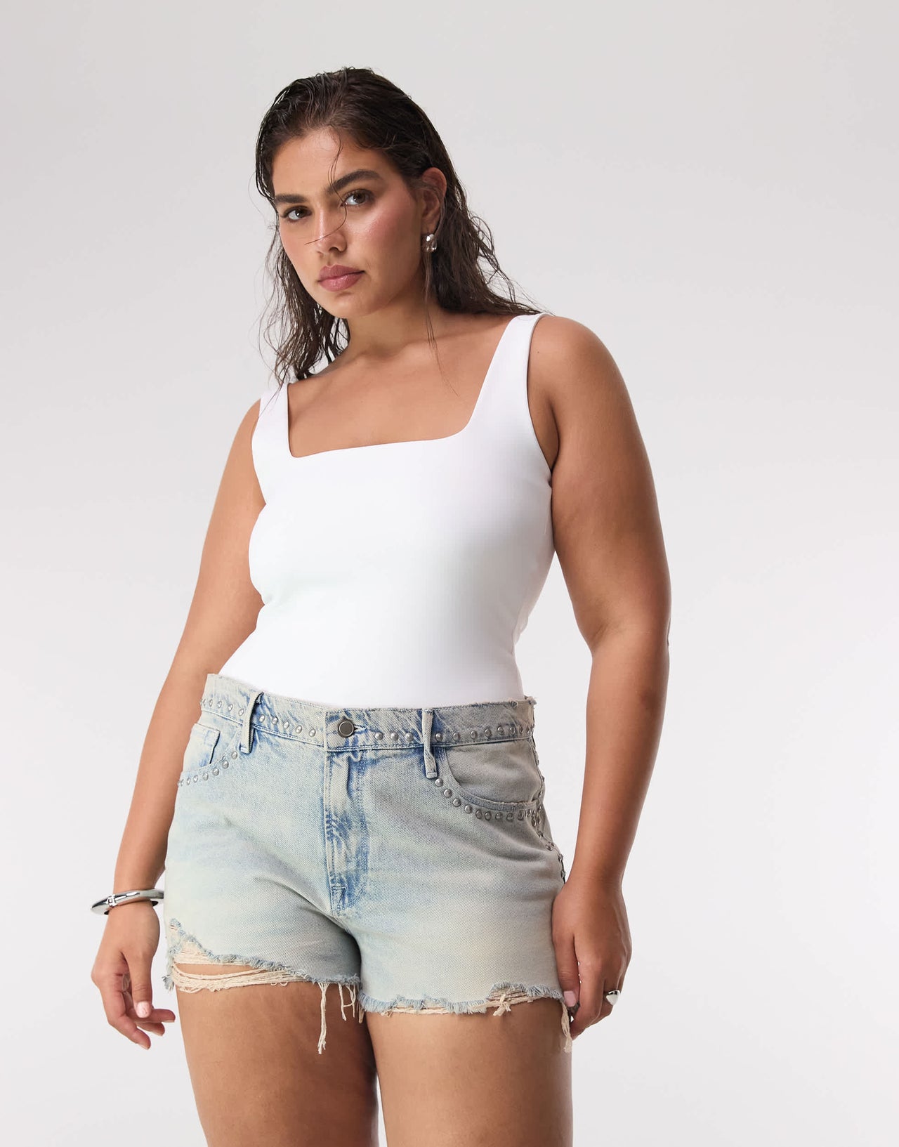 Good American good 90s studded shorts in light blue