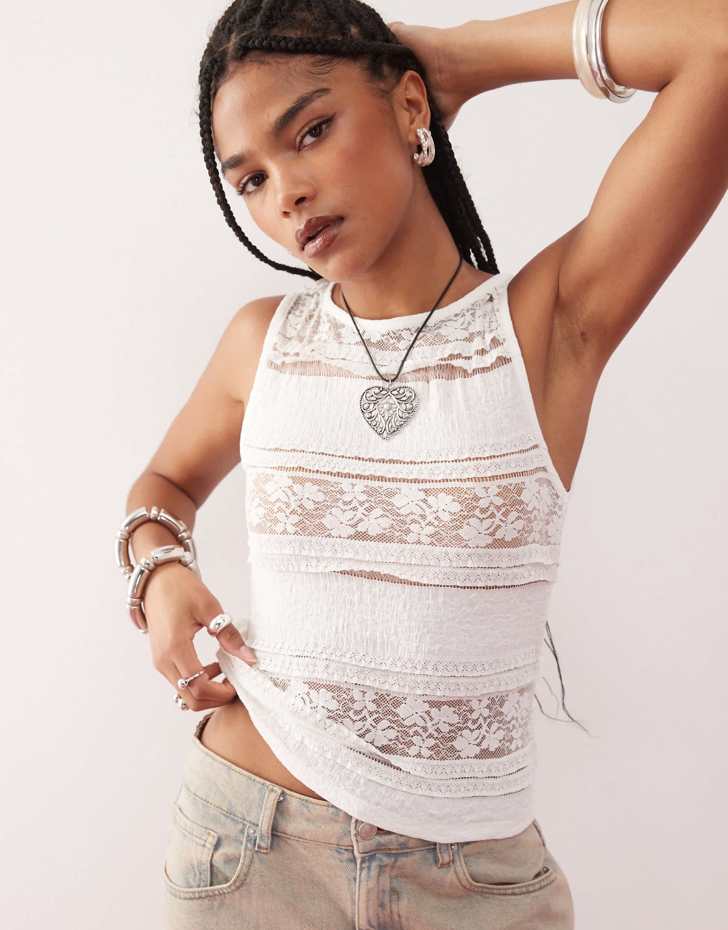 COLLUSION lace high neck sleeveless top in cream