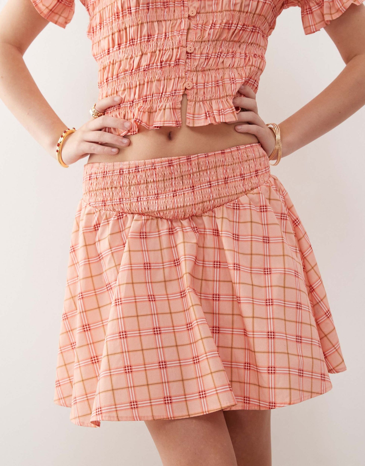 Reclaimed Vintage western mini skirt with shirring in pink check