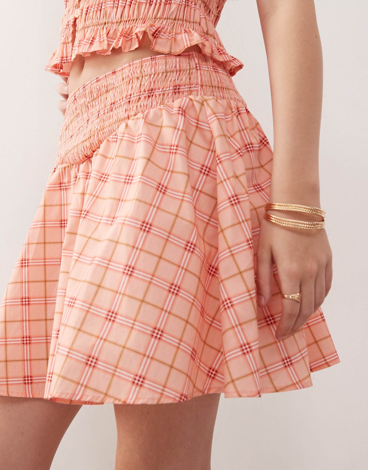 Reclaimed Vintage western mini skirt with shirring in pink check