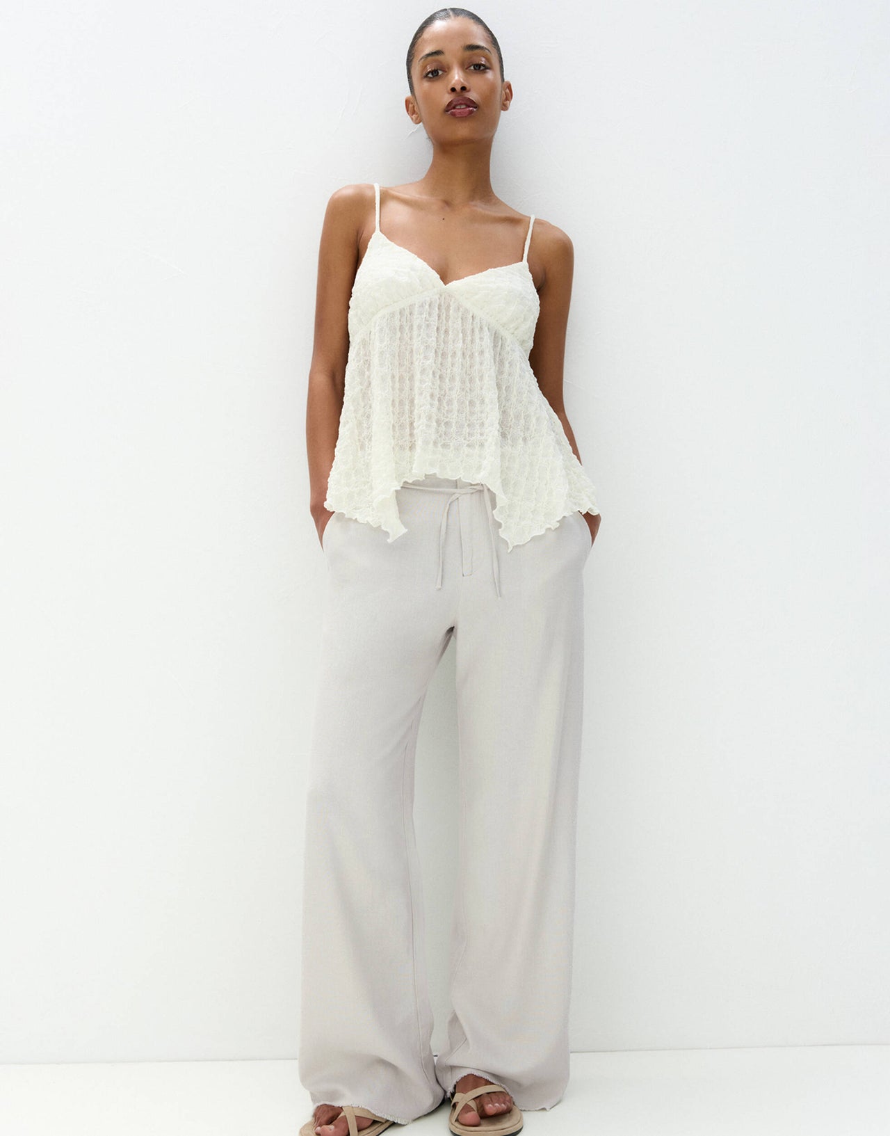 Pull&Bear tie up waist frayed hem wide leg trousers in grey
