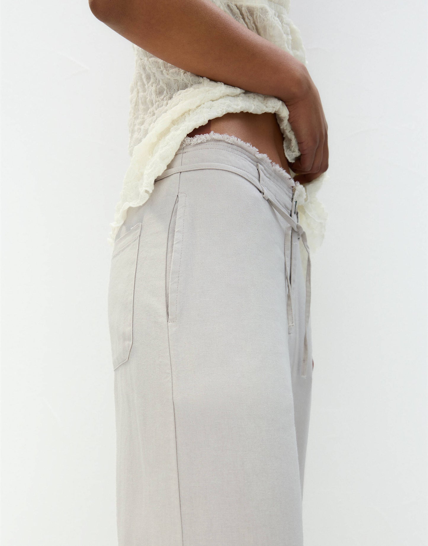 Pull&Bear tie up waist frayed hem wide leg trousers in grey