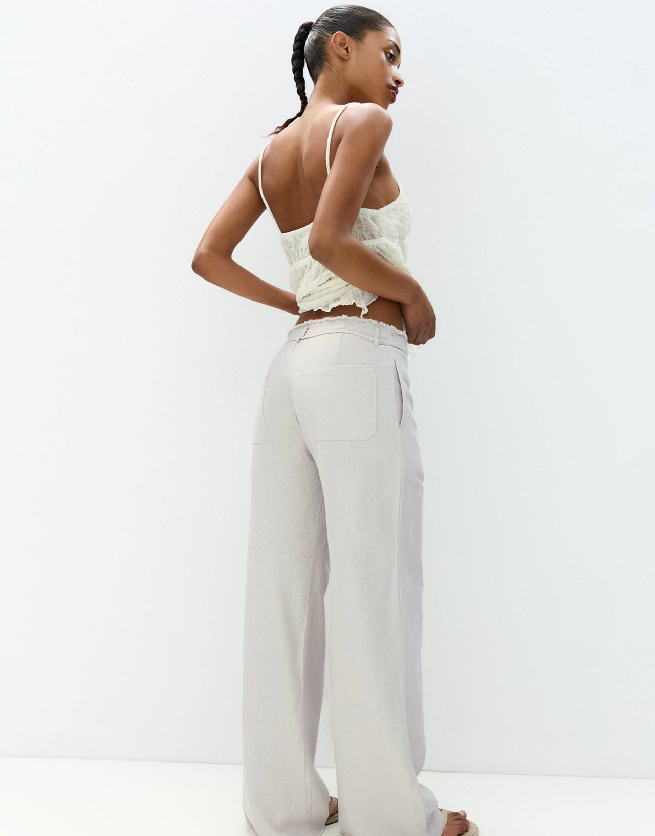 Pull&Bear tie up waist frayed hem wide leg trousers in grey
