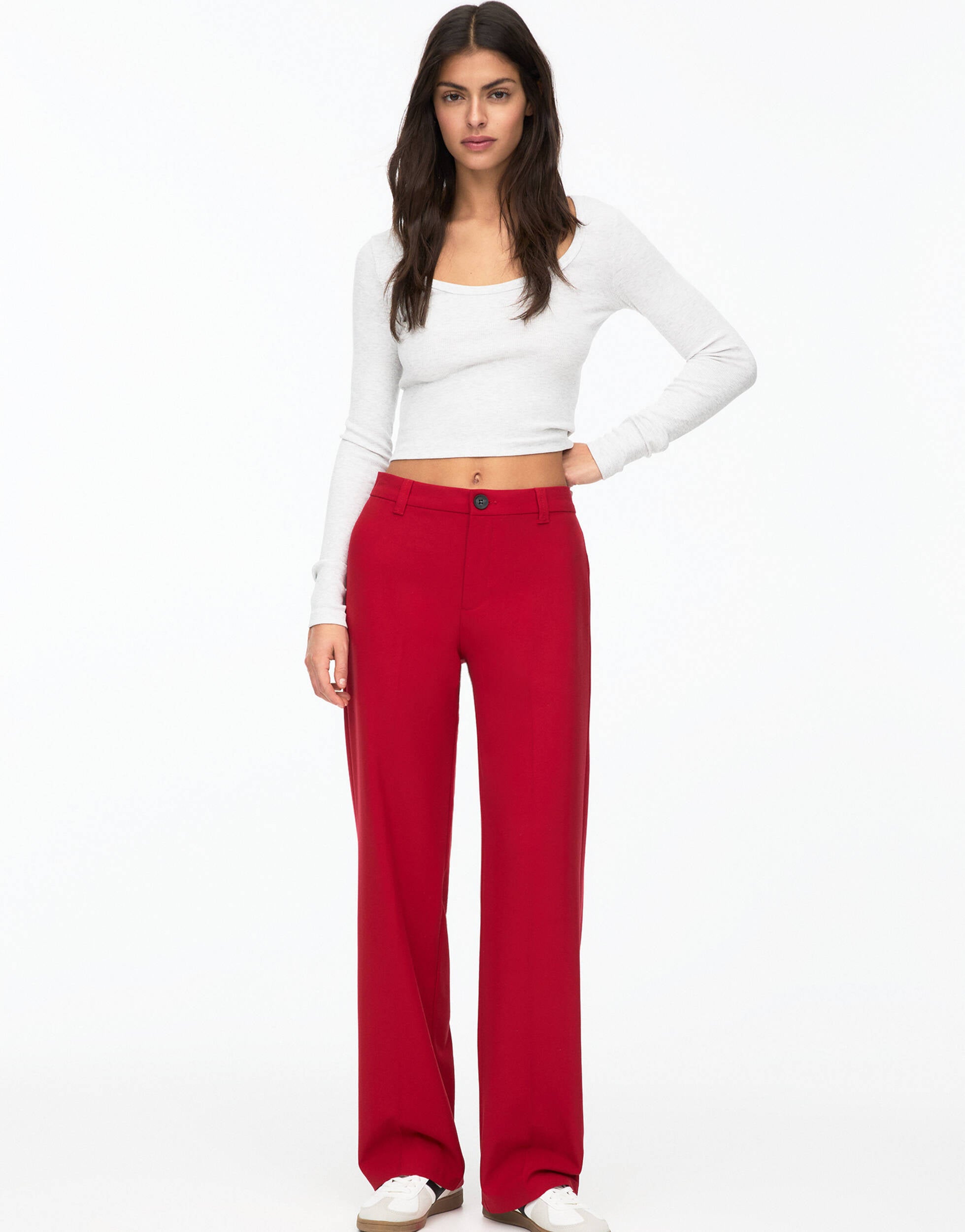Pull&Bear straight leg tailored trouser in red