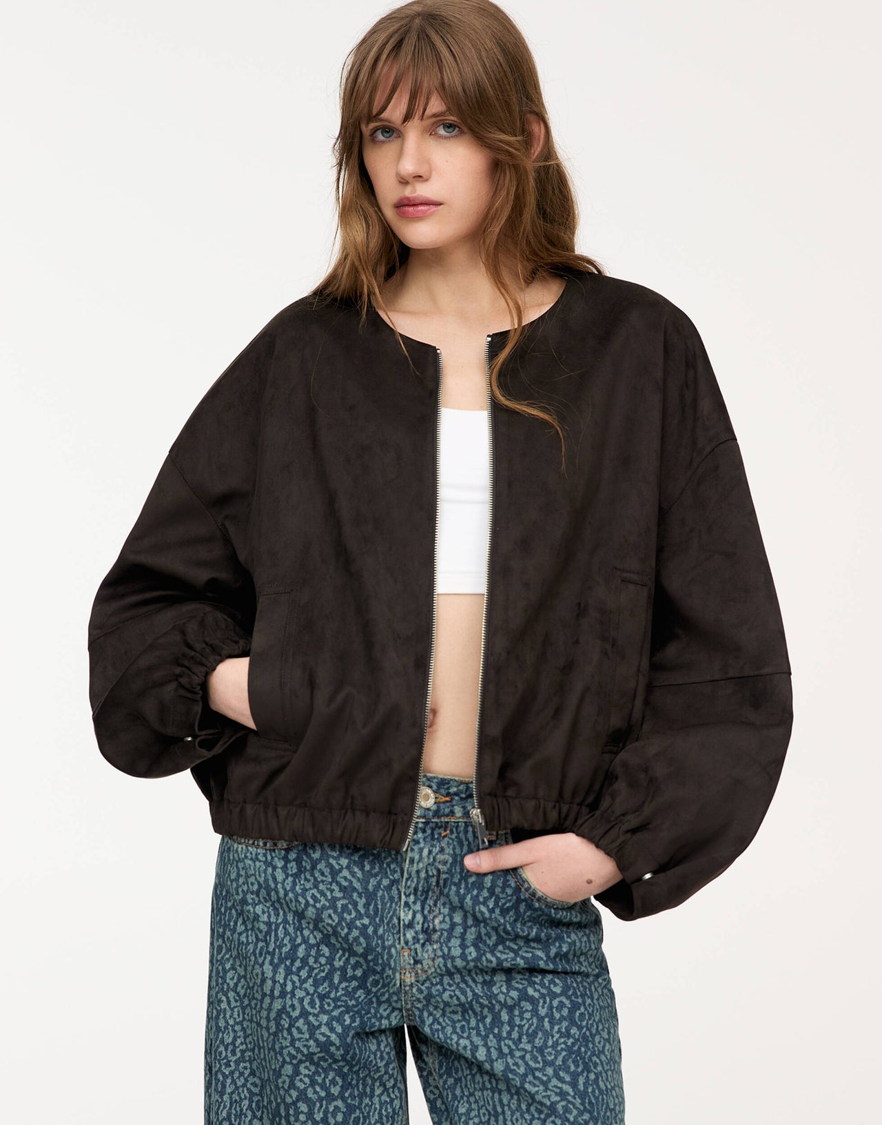 Pull&Bear faux suede collarless bomber jacket in brown