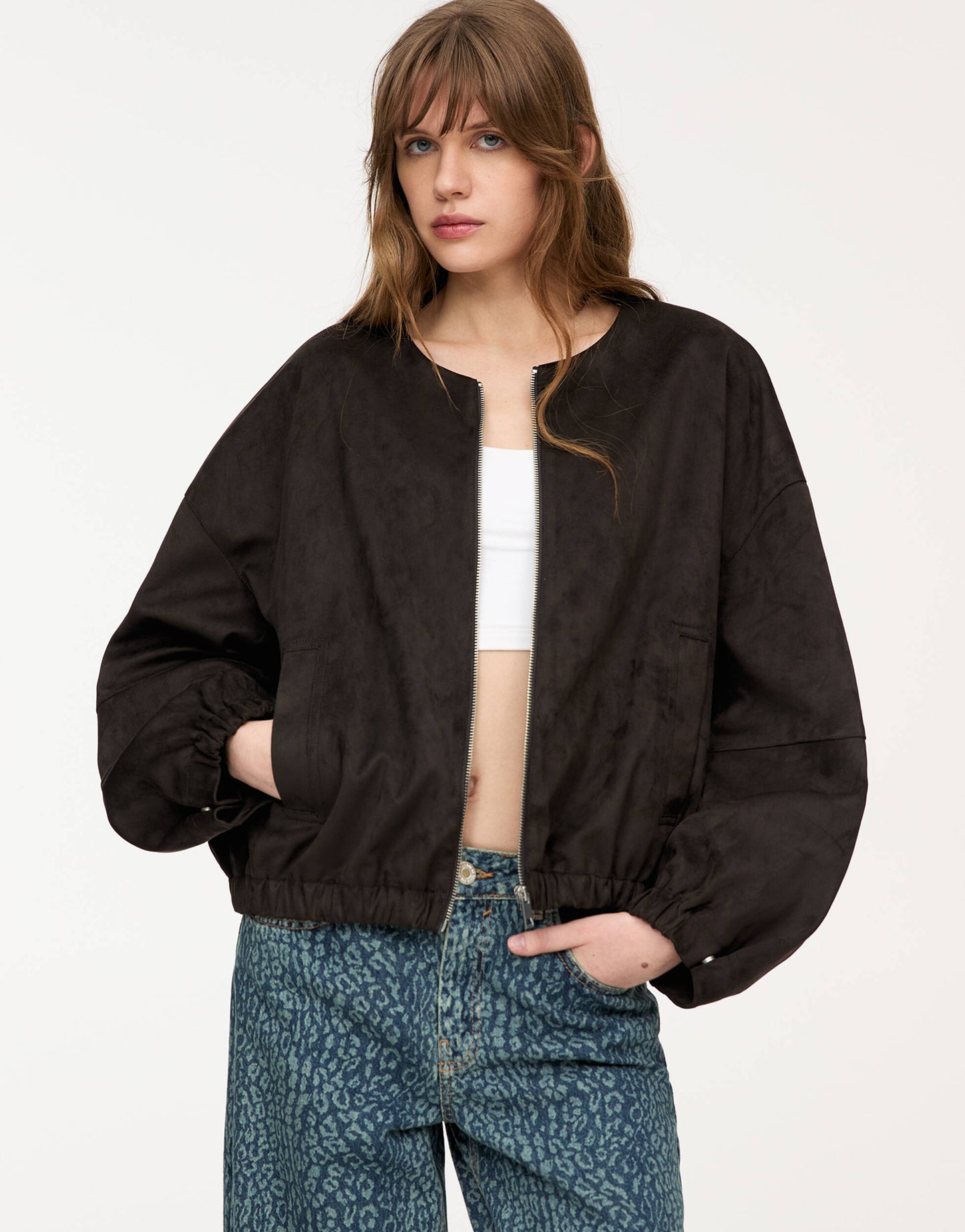 Pull&Bear faux suede collarless bomber jacket in brown