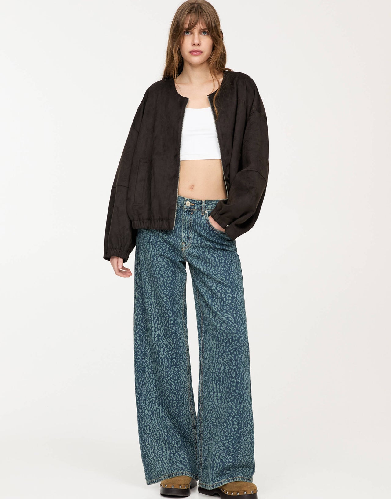 Pull&Bear faux suede collarless bomber jacket in brown