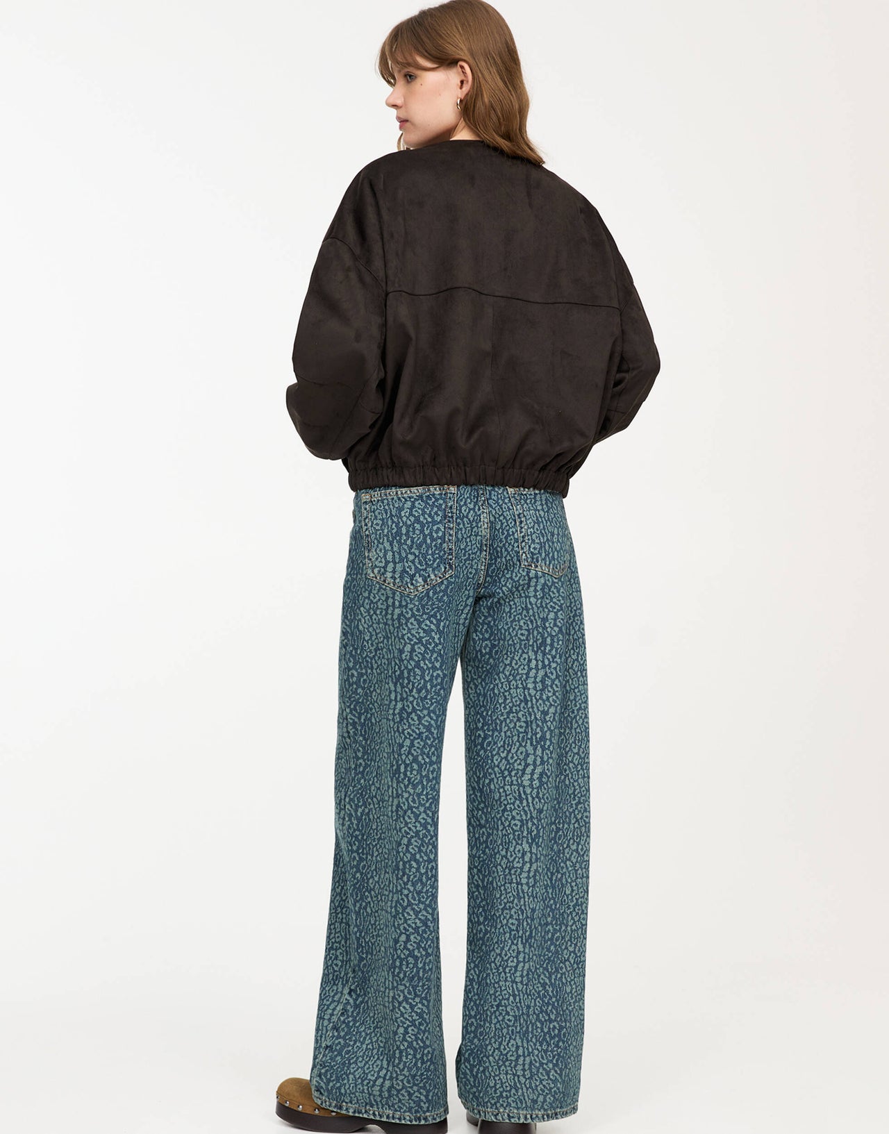 Pull&Bear faux suede collarless bomber jacket in brown