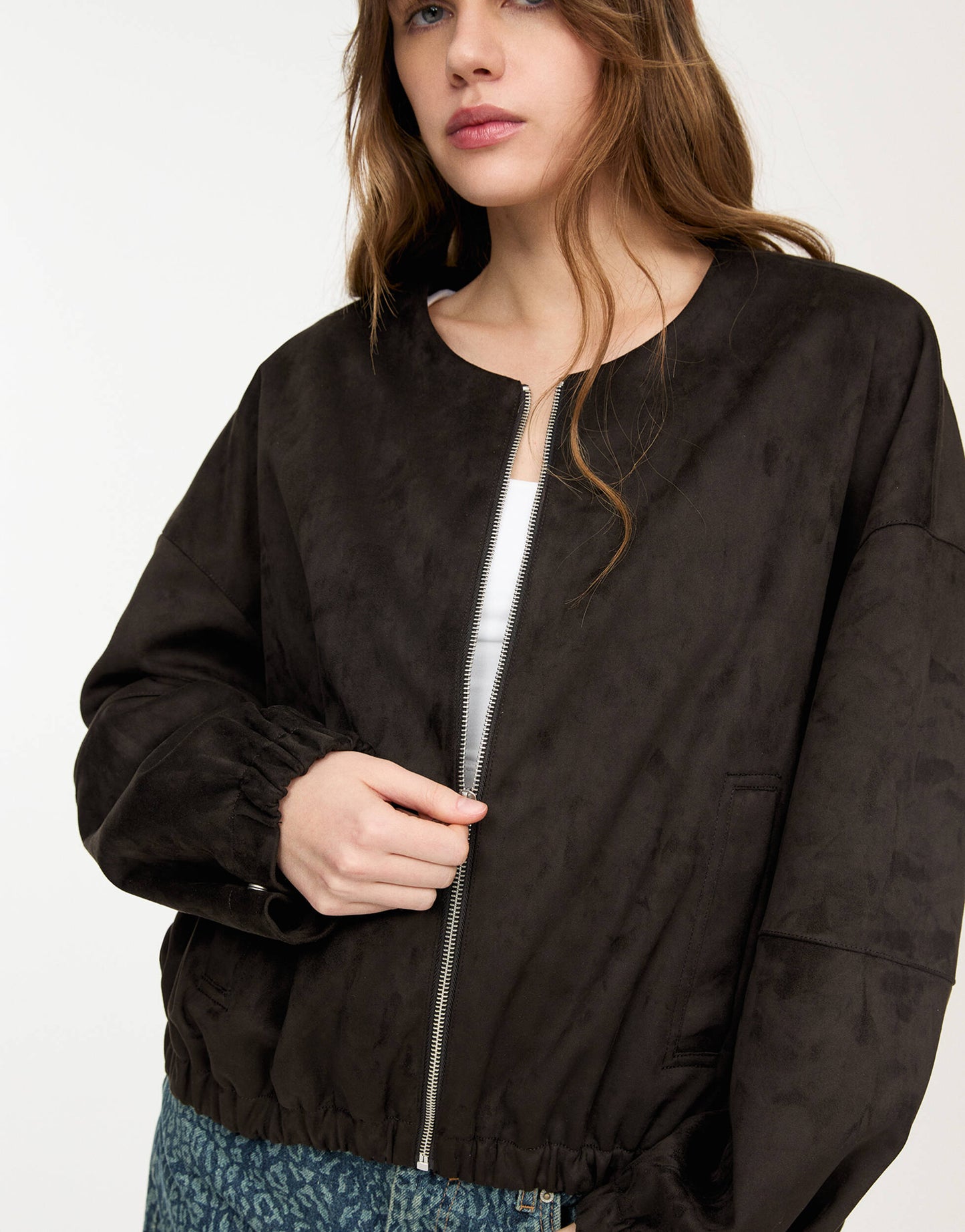 Pull&Bear faux suede collarless bomber jacket in brown