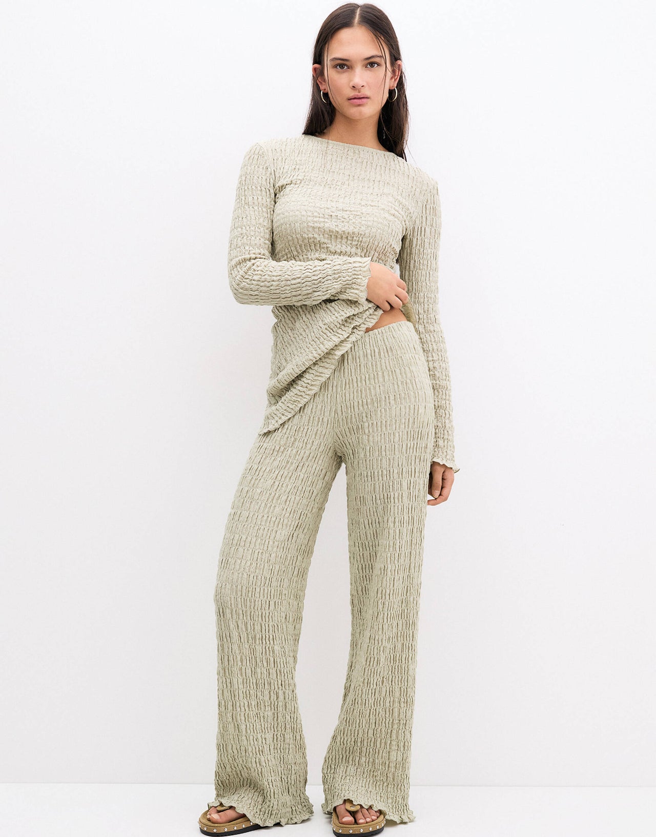 Pull&Bear textured wide leg trouser co-ord co-ord in green
