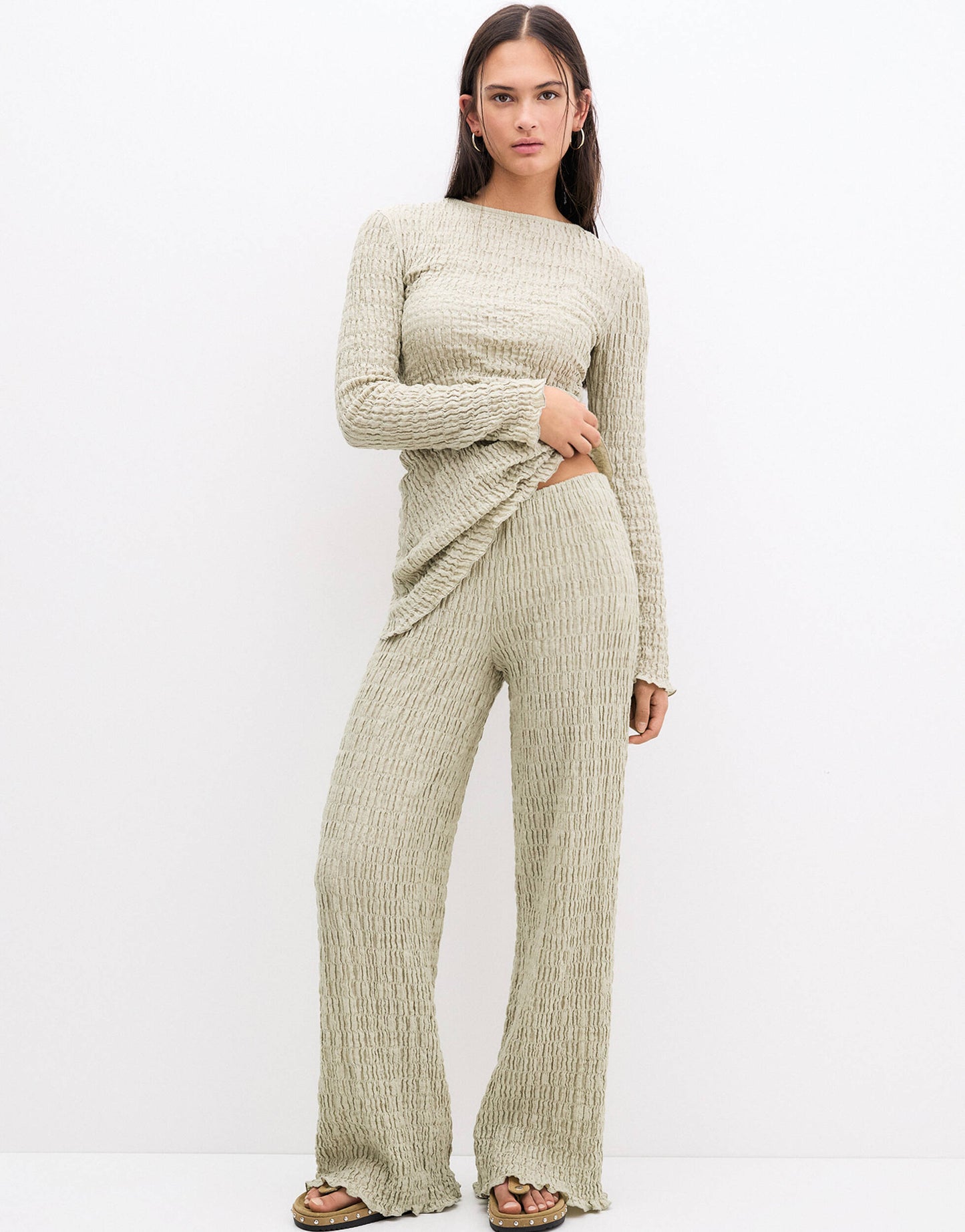 Pull&Bear textured wide leg trouser co-ord co-ord in green