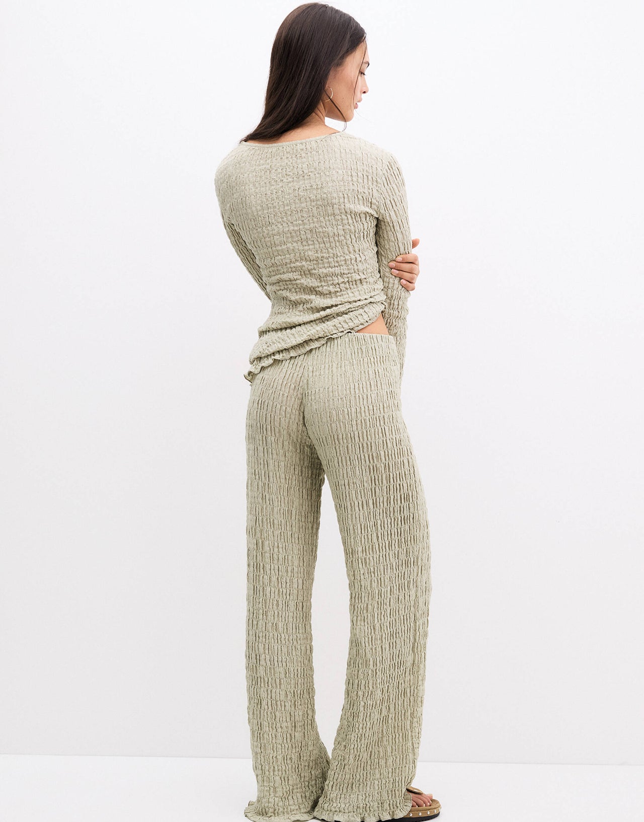 Pull&Bear textured wide leg trouser co-ord co-ord in green