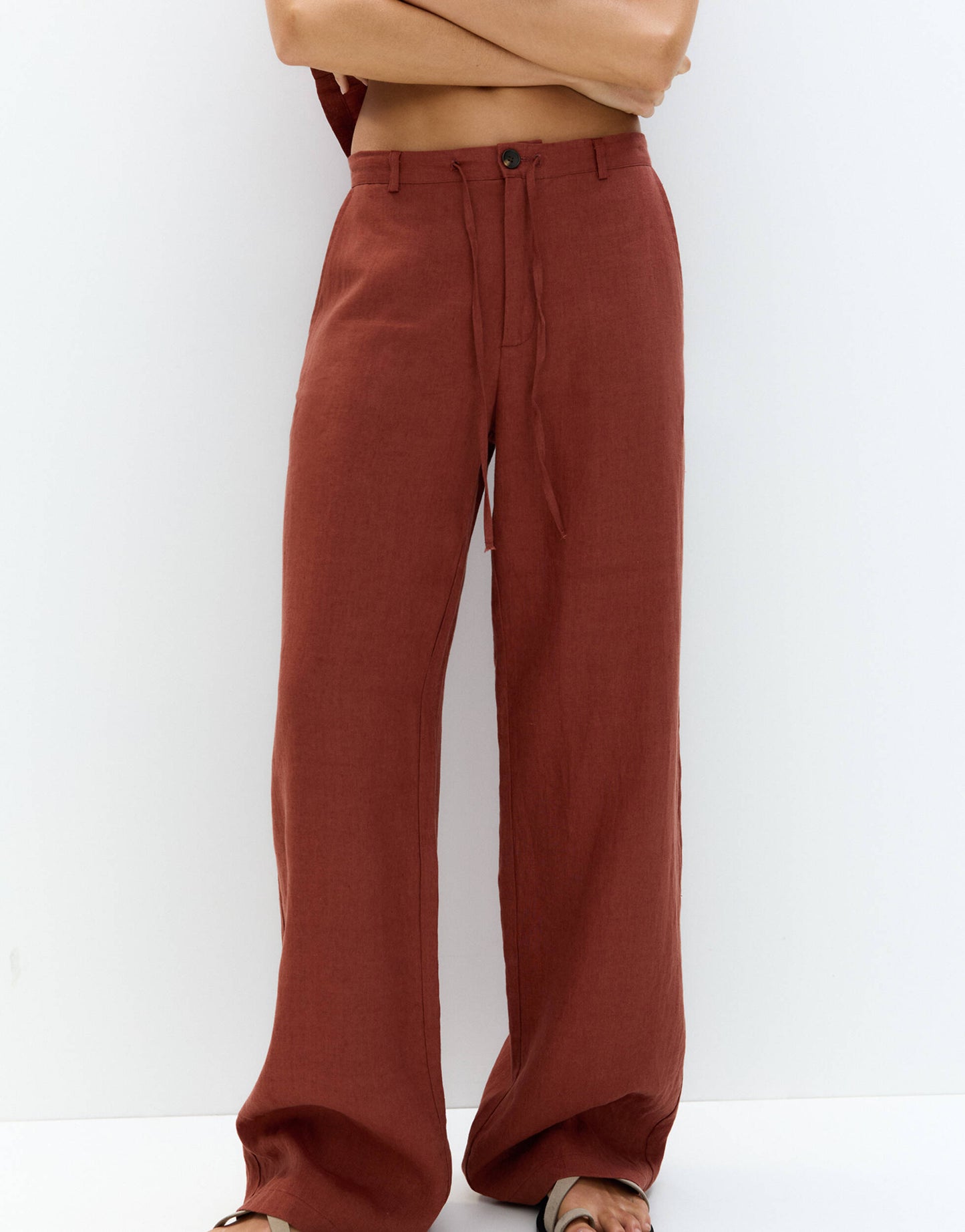 Pull&Bear tie waist wide leg linen trouser in orange