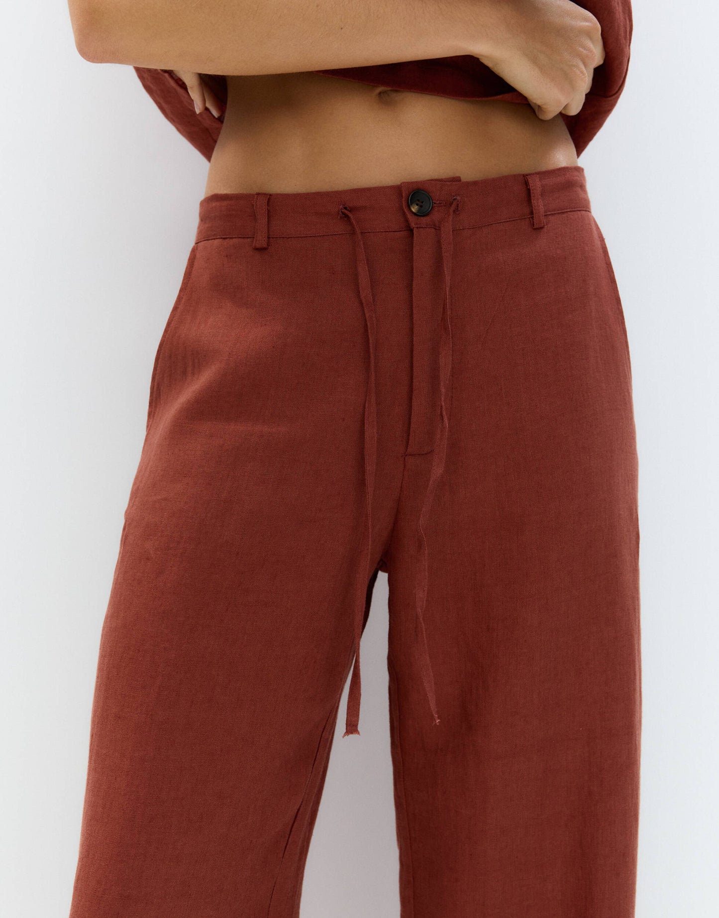Pull&Bear tie waist wide leg linen trouser in orange