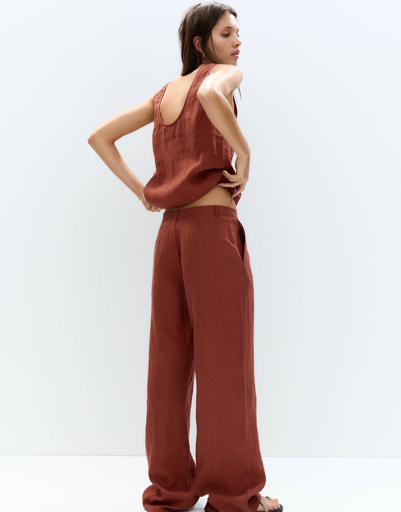 Pull&Bear tie waist wide leg linen trouser in orange