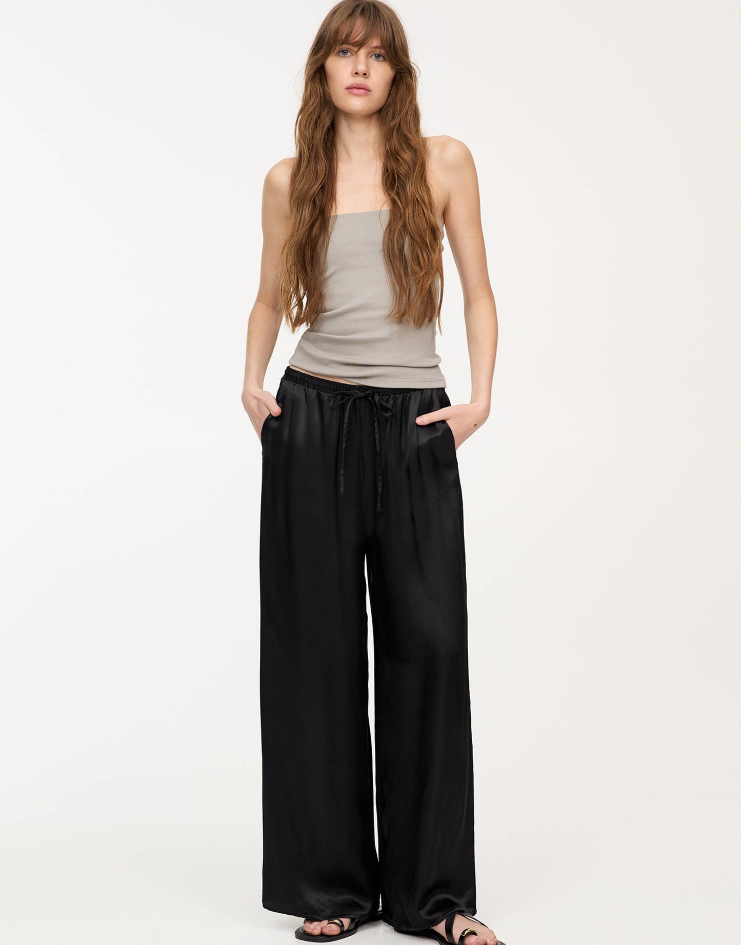 Pull&Bear wide leg satin joggers in black
