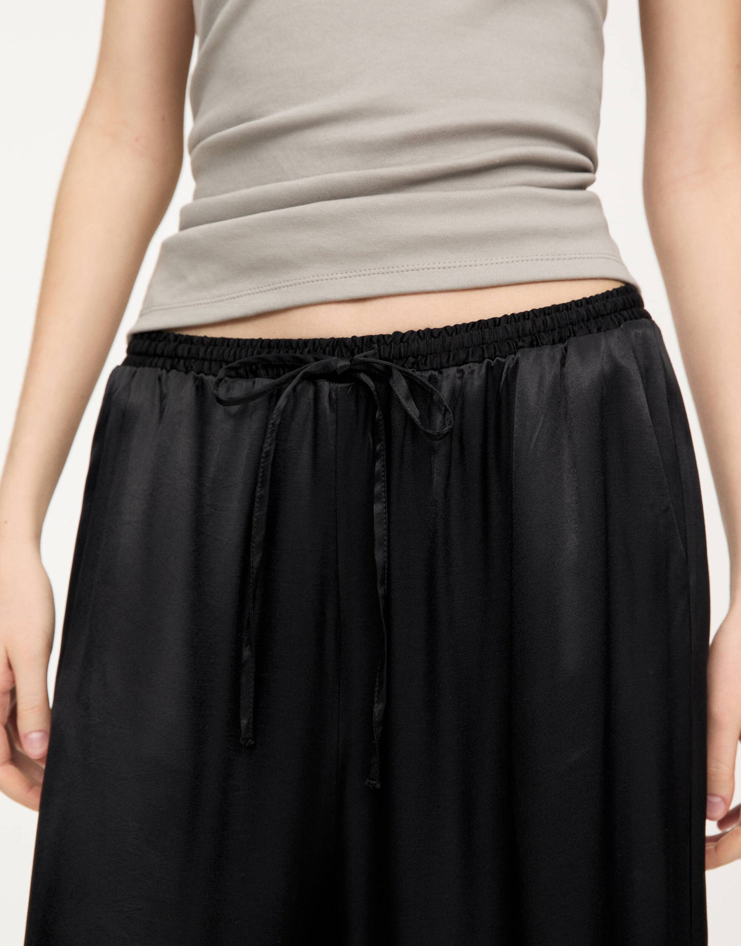 Pull&Bear wide leg satin joggers in black