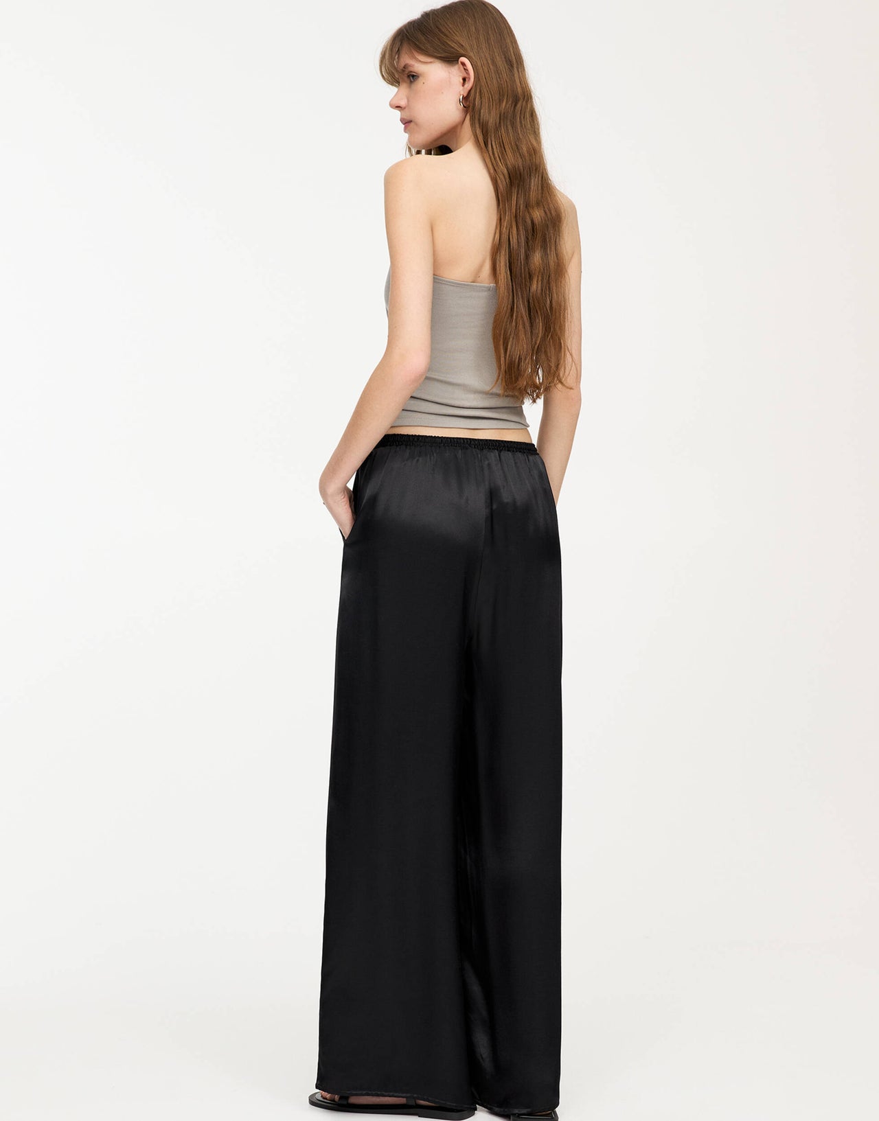 Pull&Bear wide leg satin joggers in black