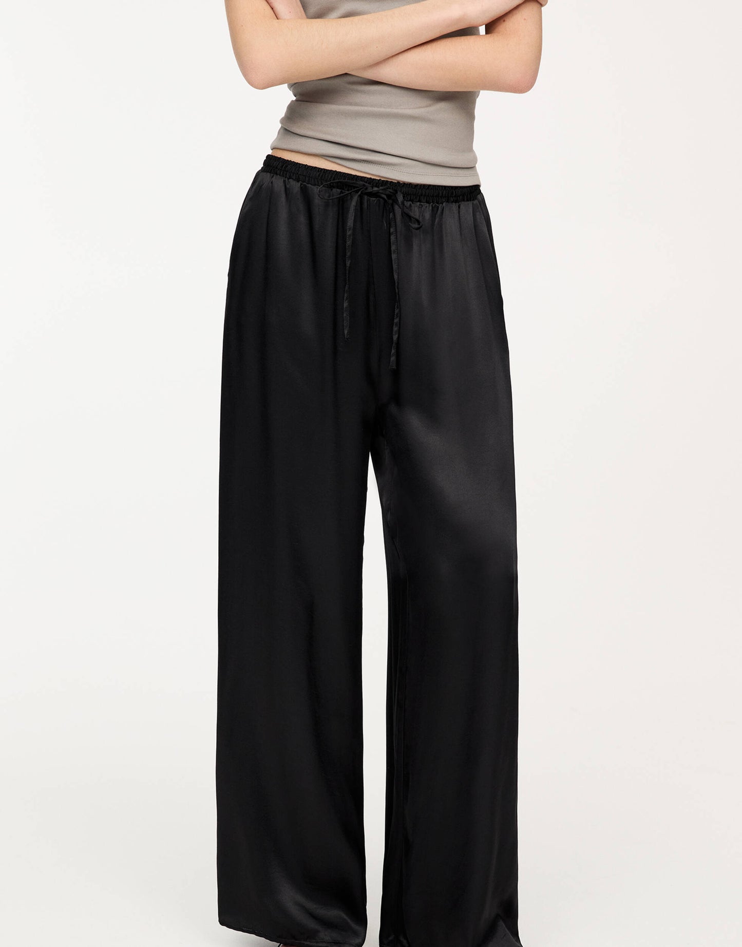 Pull&Bear wide leg satin joggers in black