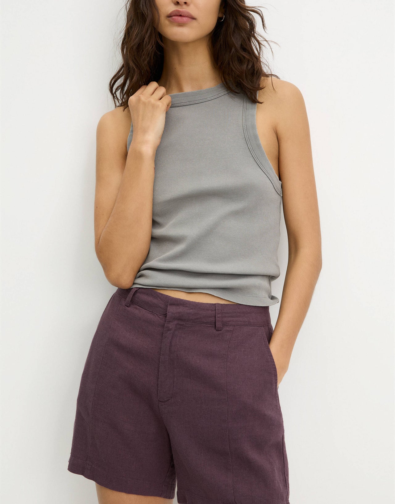 Pull&Bear linen look short in burgundy