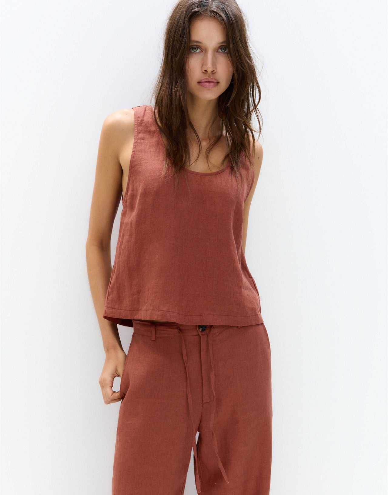 Pull&Bear sleeveless cropped linen top in orange