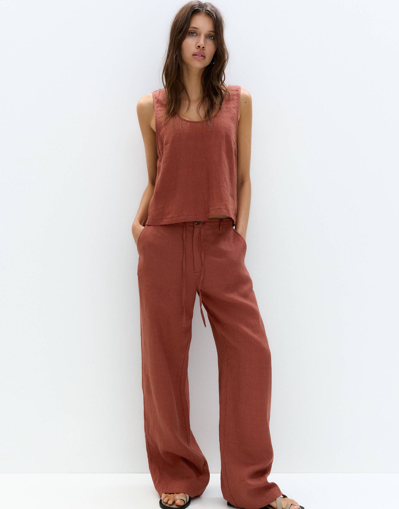 Pull&Bear sleeveless cropped linen top in orange