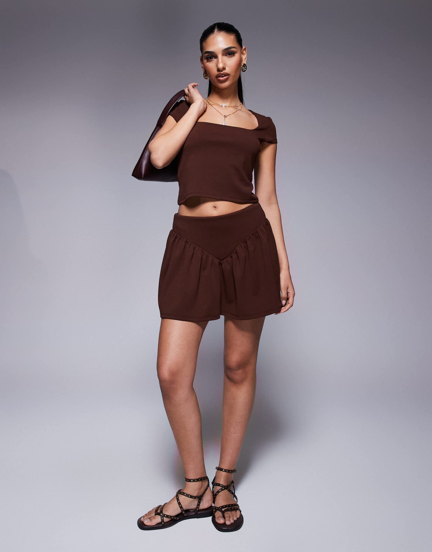 ASOS DESIGN co-ord v dropped waist mini skirt in chocolate