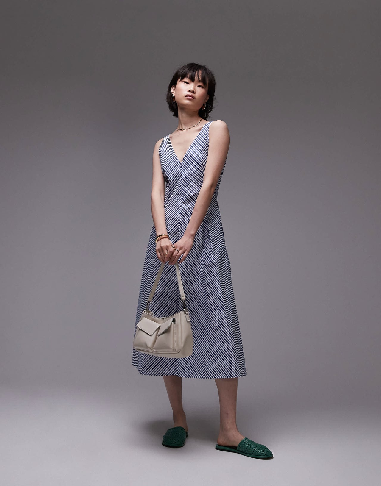 Mango v neck cotton midi dress in blue stripe