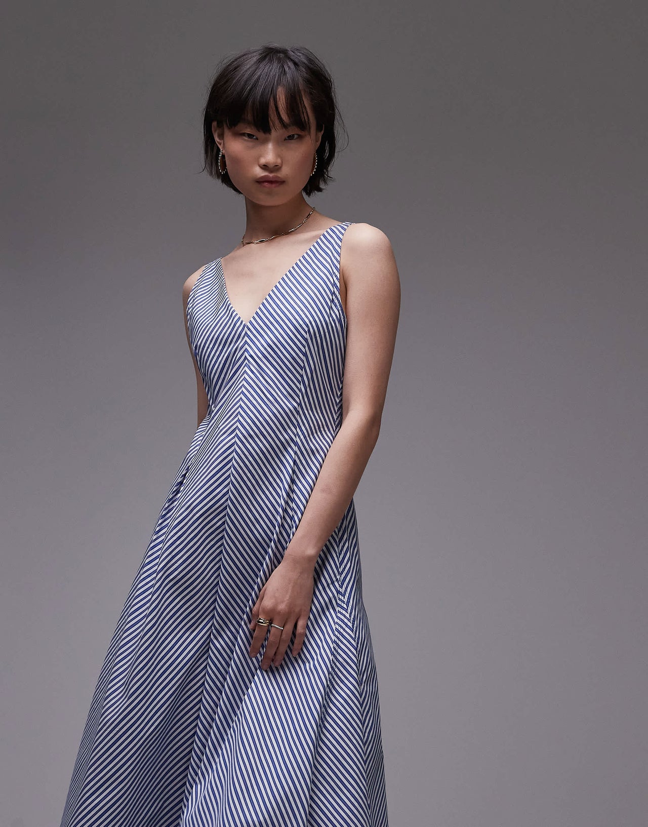 Mango v neck cotton midi dress in blue stripe