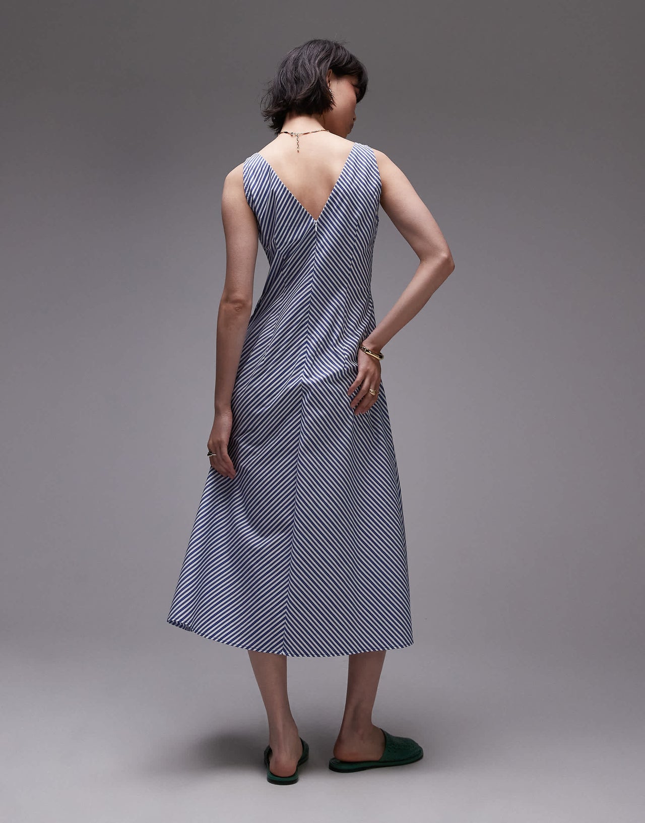 Mango v neck cotton midi dress in blue stripe