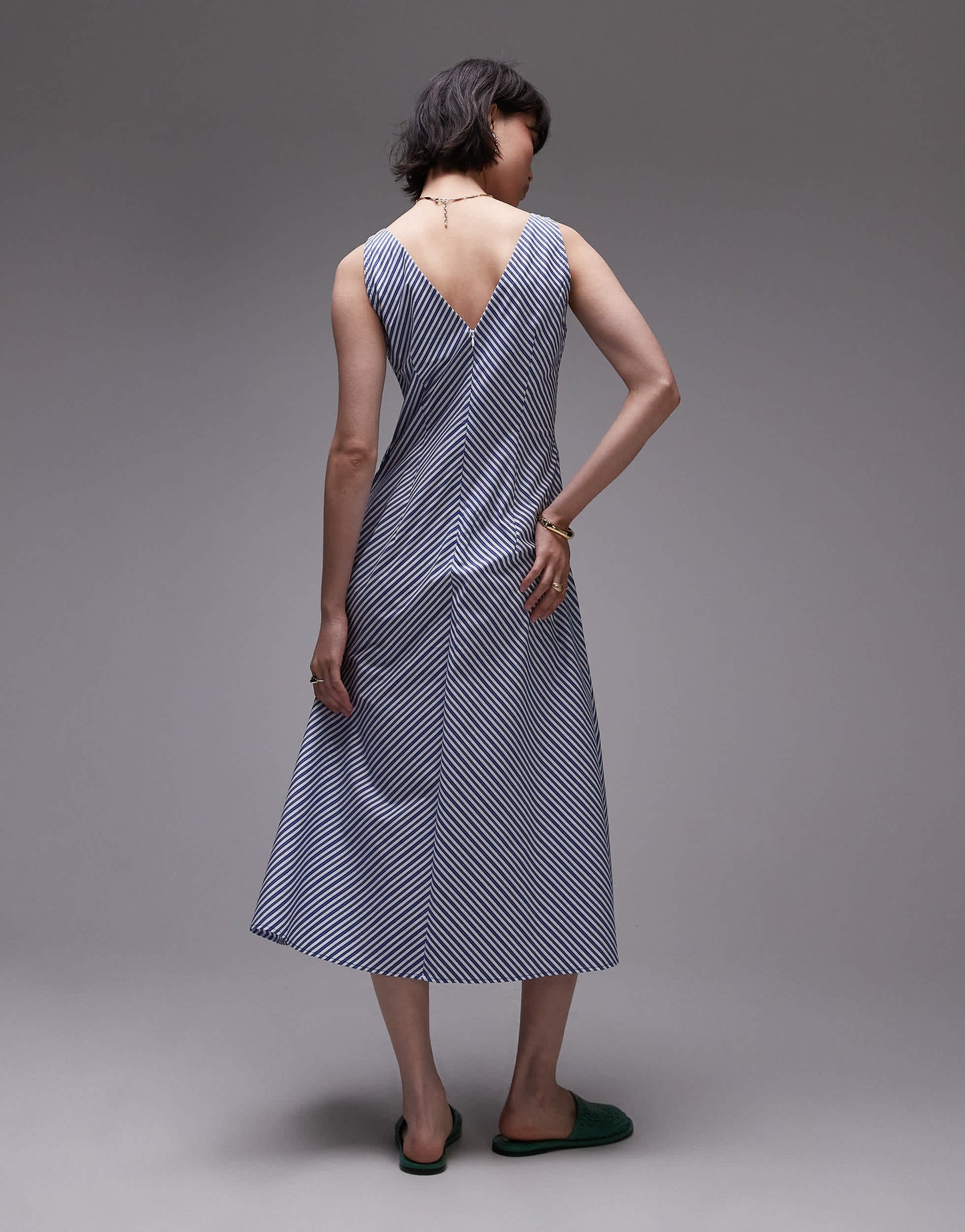 Mango v neck cotton midi dress in blue stripe