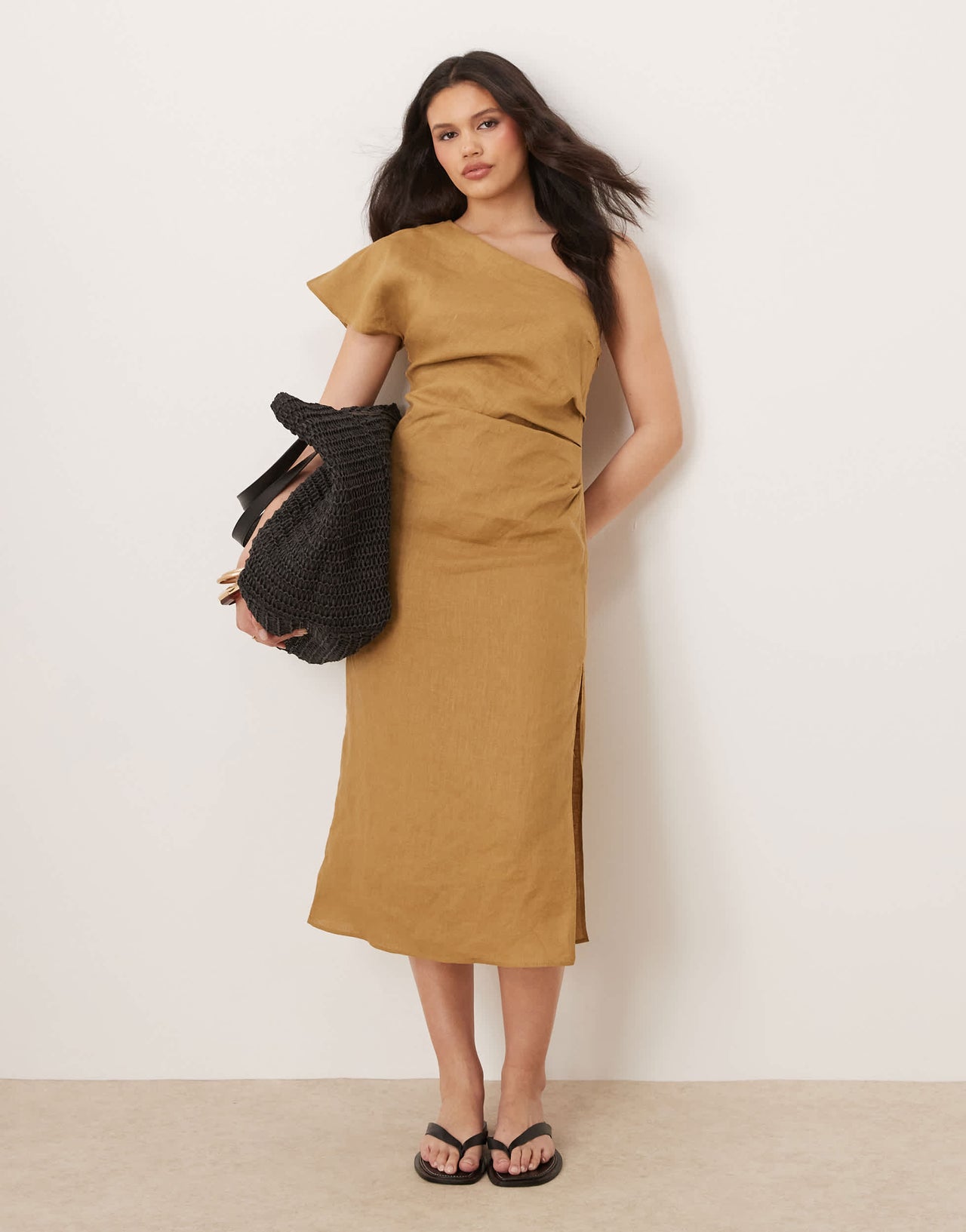 Mango 100% linen one shoulder midi dress with ruched waist in sand