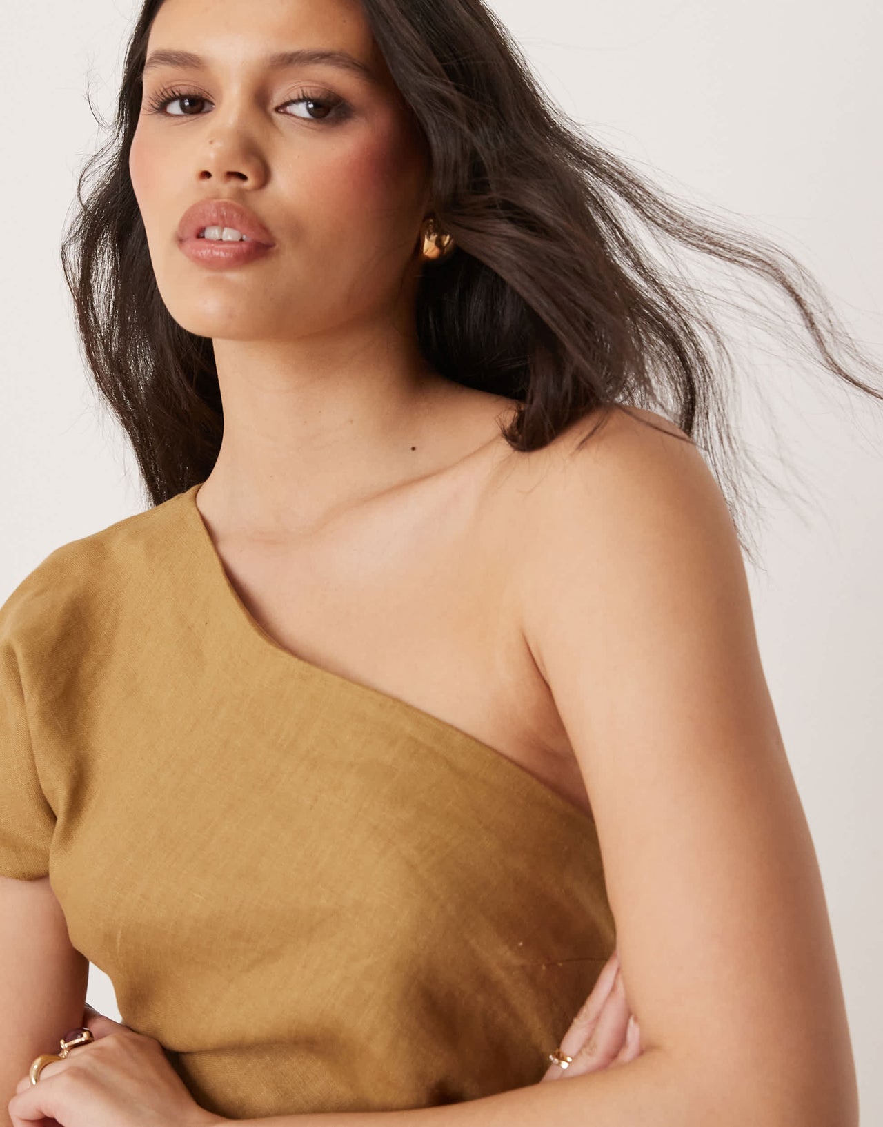 Mango 100% linen one shoulder midi dress with ruched waist in sand
