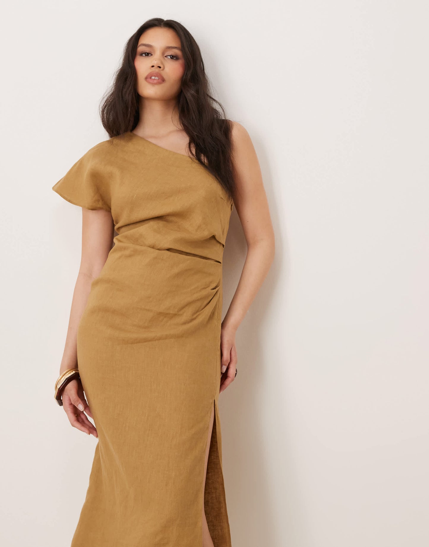 Mango 100% linen one shoulder midi dress with ruched waist in sand