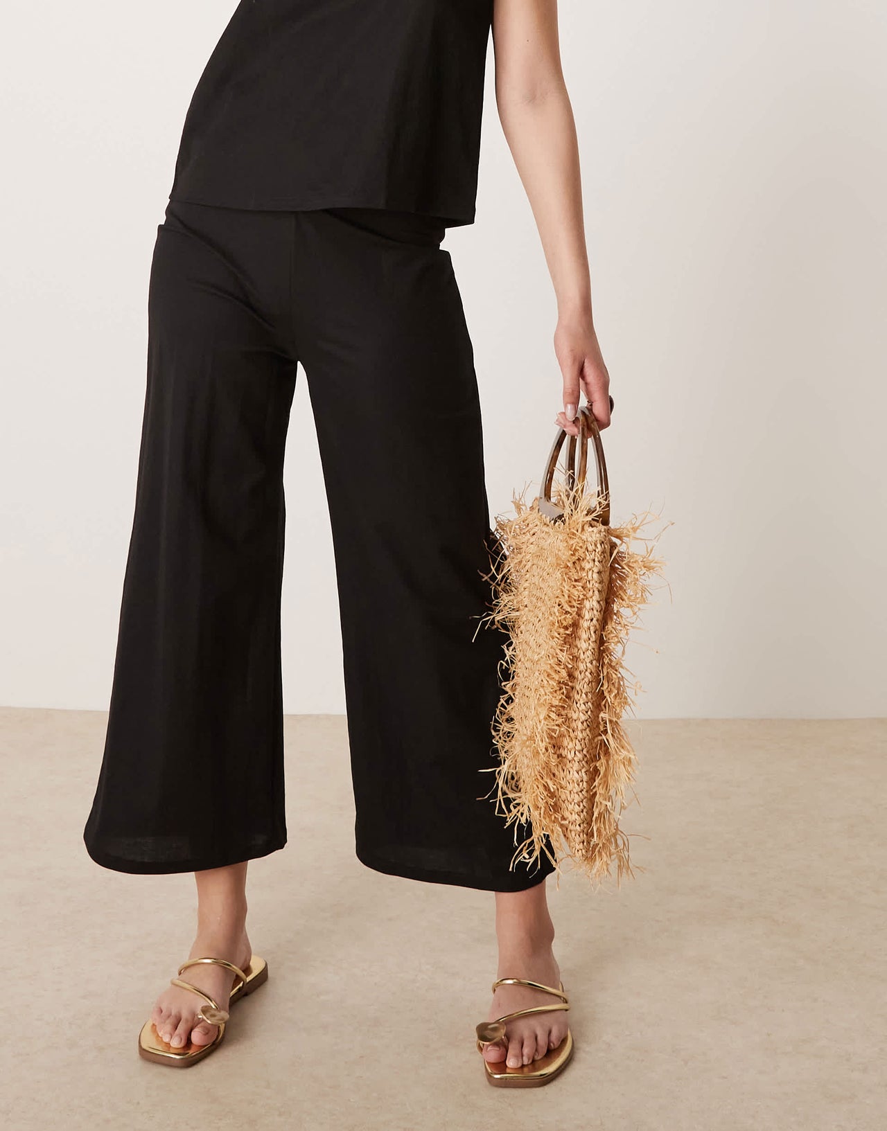 Mango linen mix elasticated waist wide leg trouser co-ord in black